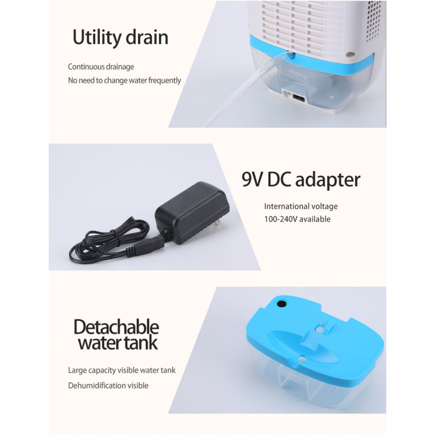 Luftentfeuchterteile: Ablauf, 9V-Netzteil und abnehmbarer blauer Wassertank.