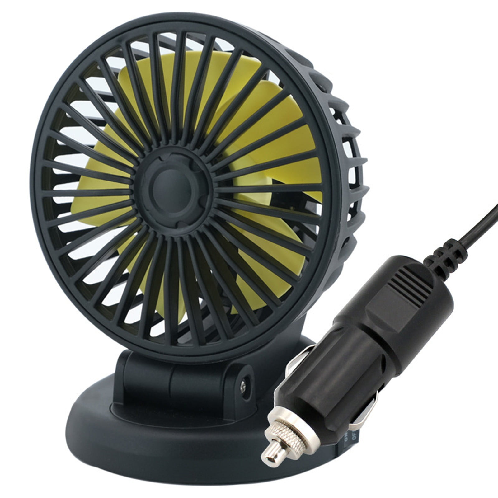 Ein schwarzer Lüfter mit gelben Rotorblättern und einem Zigarettenanzünderstecker.
