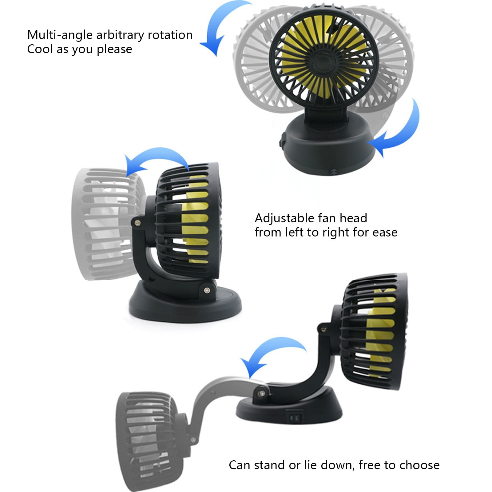 Ein schwarzer Ventilator mit gelben Flügeln zeigt seine Rotations- und Verstellbarkeit.