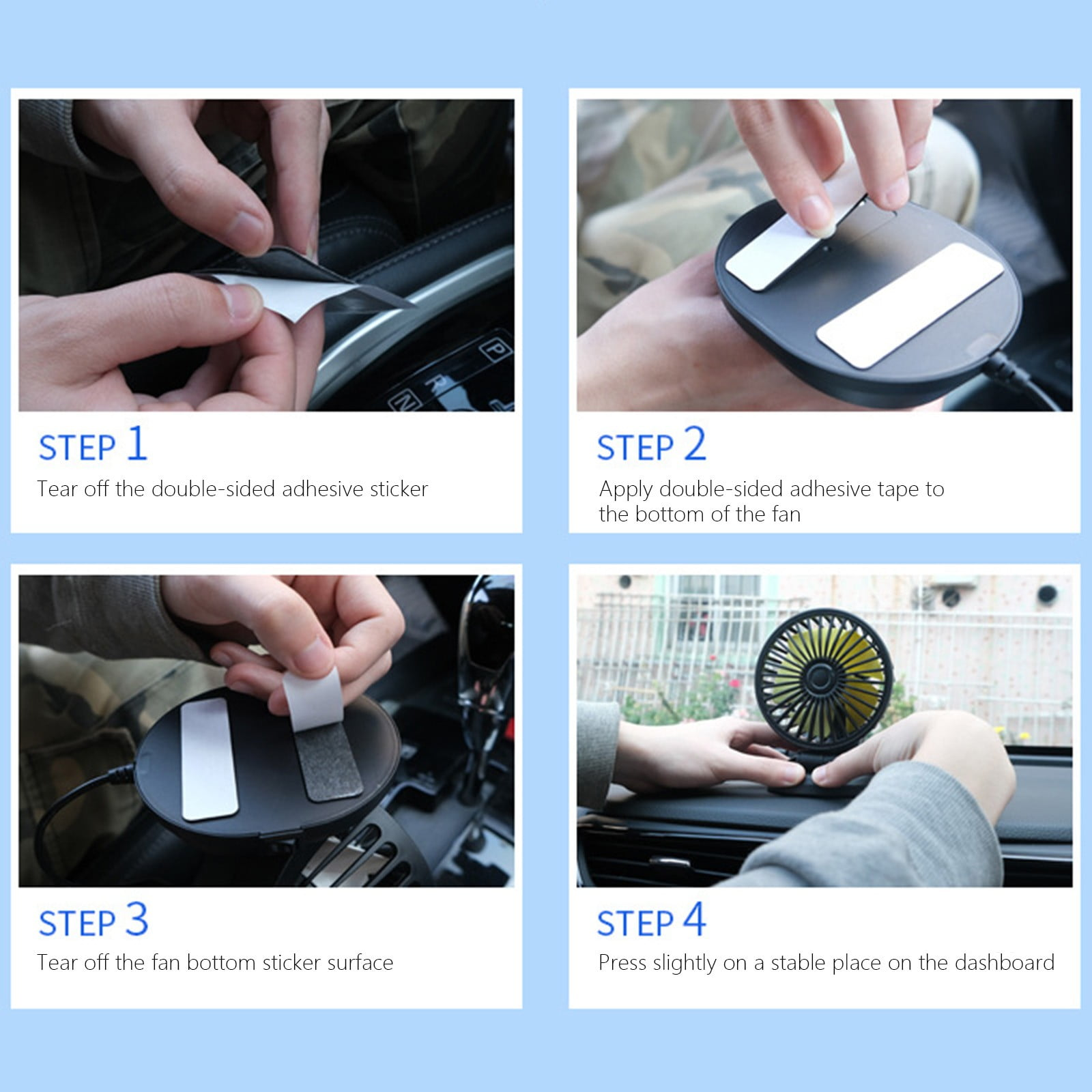Schritt 1-4: Anbringen eines Lüfters im Auto mit Klebeband.