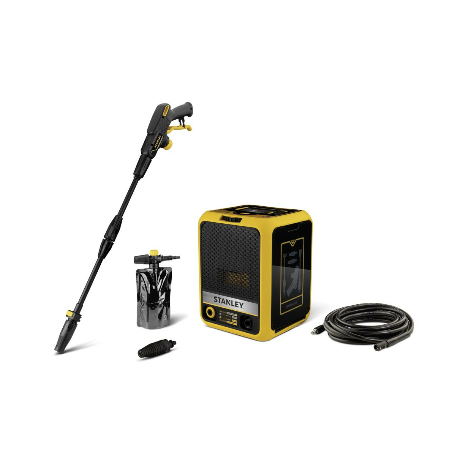 Un dispositivo Stanley giallo con tubo, pistola a spruzzo, sacchetto e ugello.
