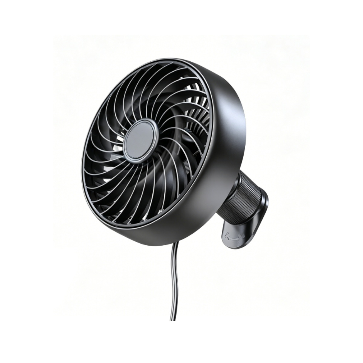 Ein schwarzer Tischventilator mit Gitter und Kabel auf weißem Hintergrund.