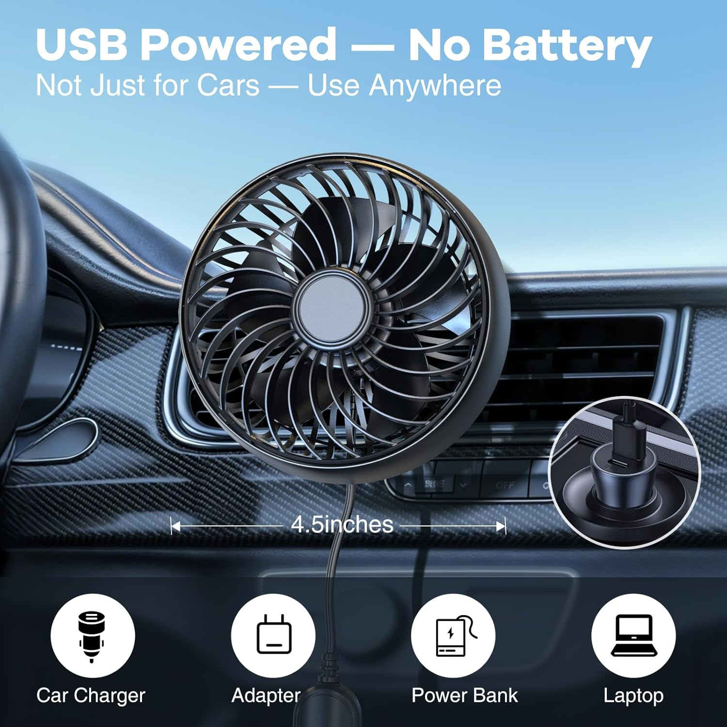 Ein USB-betriebener Lüfter mit 4,5 Zoll, der im Auto oder mit anderen USB-Quellen verwendet wird.