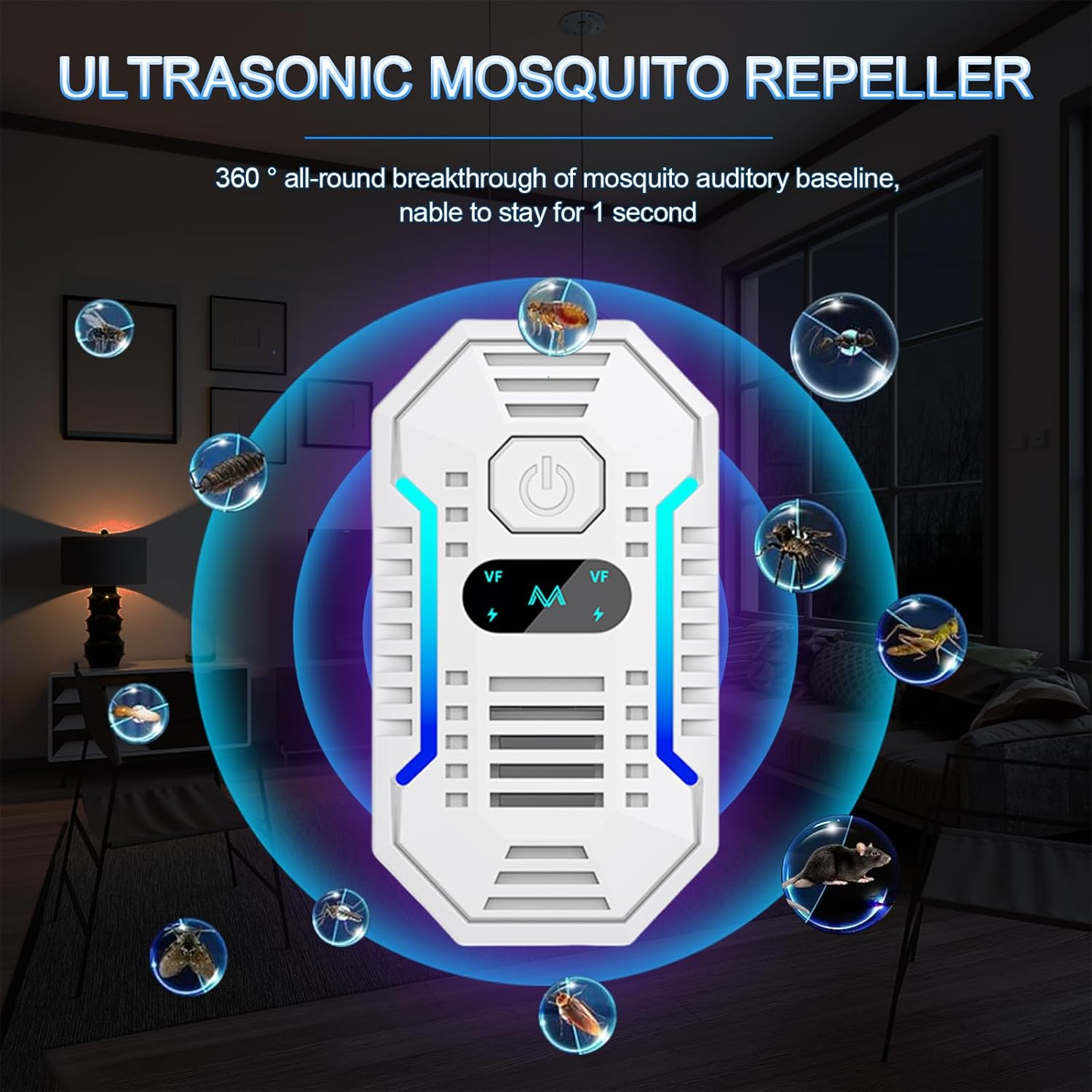 Ultraschall-Mückenabwehrgerät mit Insekten und einer Maus in Blasen.