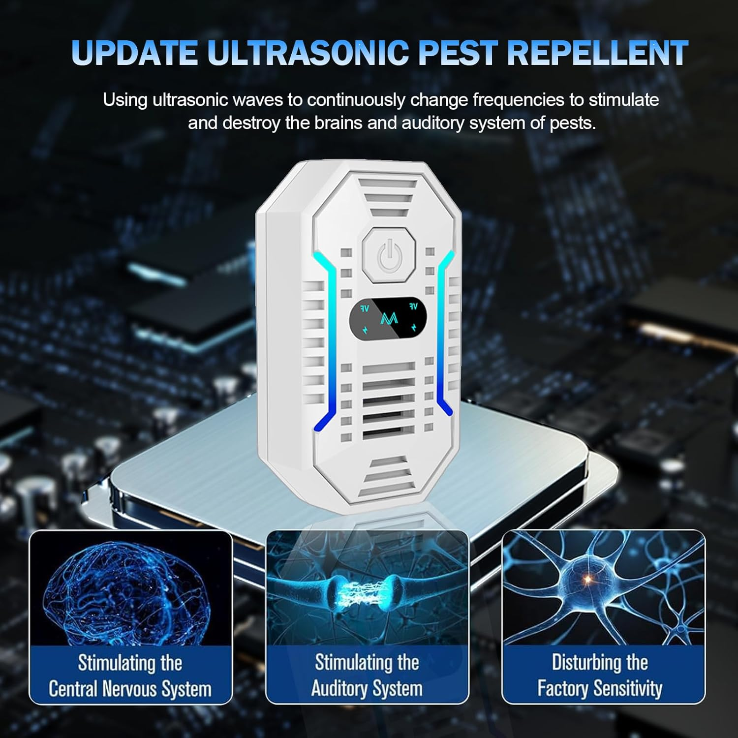 Ultraschall-Schädlingsbekämpfer mit Grafiken des Gehirns, Nervensystems und Neuronen.
