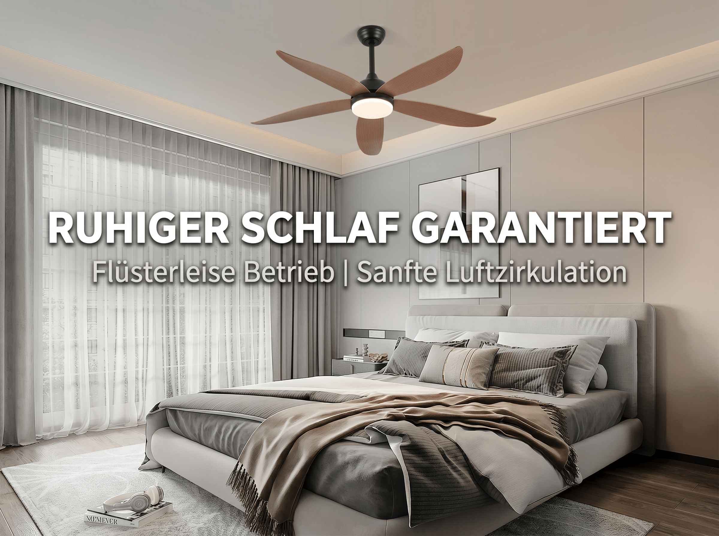 Modernes Schlafzimmer mit Deckenventilator und Bett.
