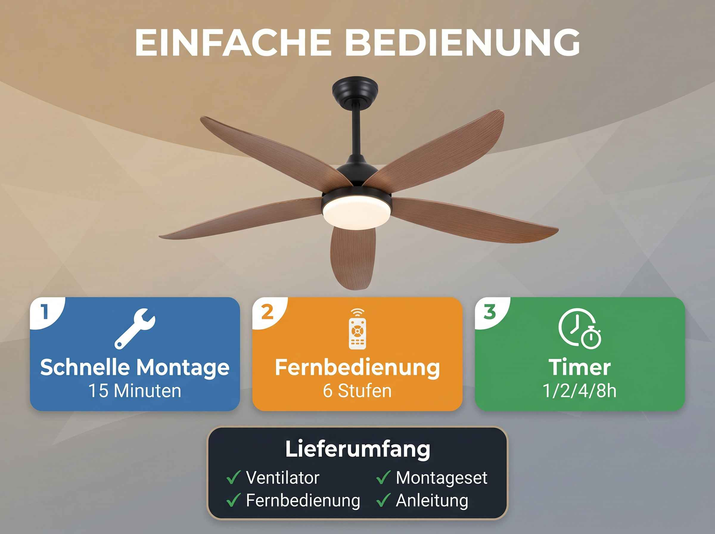 Deckenventilator mit Holzflügeln. Merkmale: schnelle Montage, Fernbedienung, Timer.