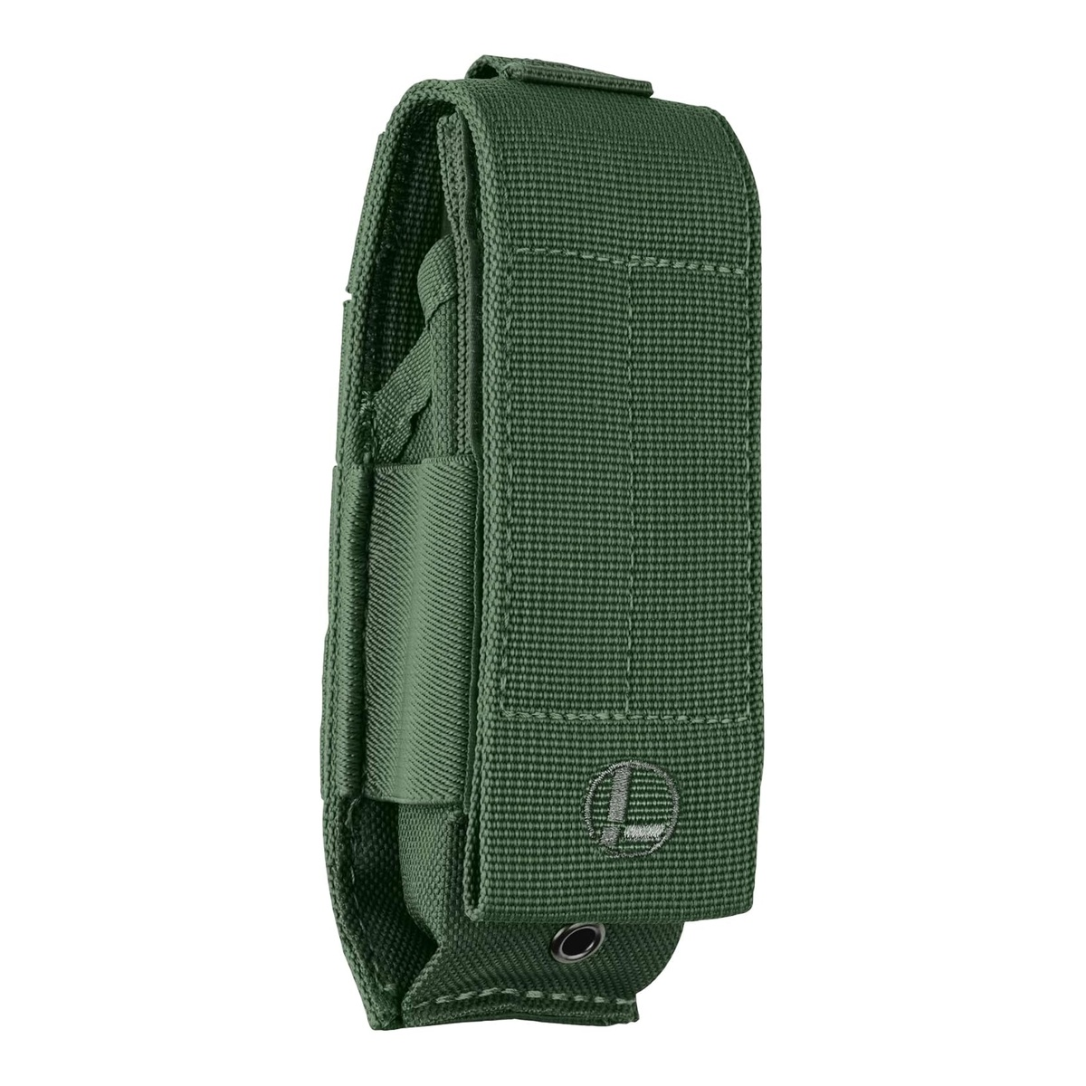 Grüne Stoffscheide mit Leatherman-Logo und Druckknopf.