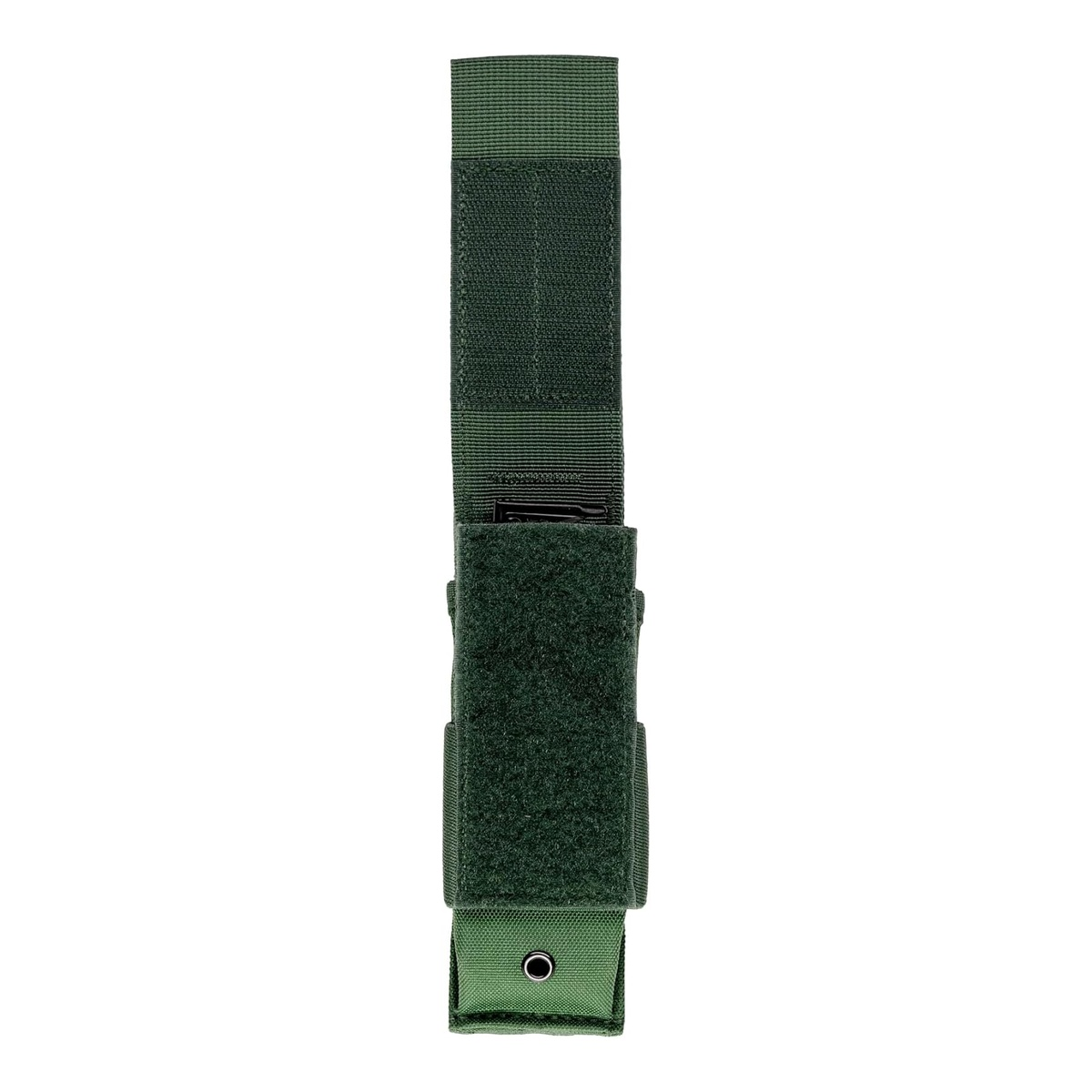Dunkelgrünes Holster mit Klettverschluss und Druckknopf.