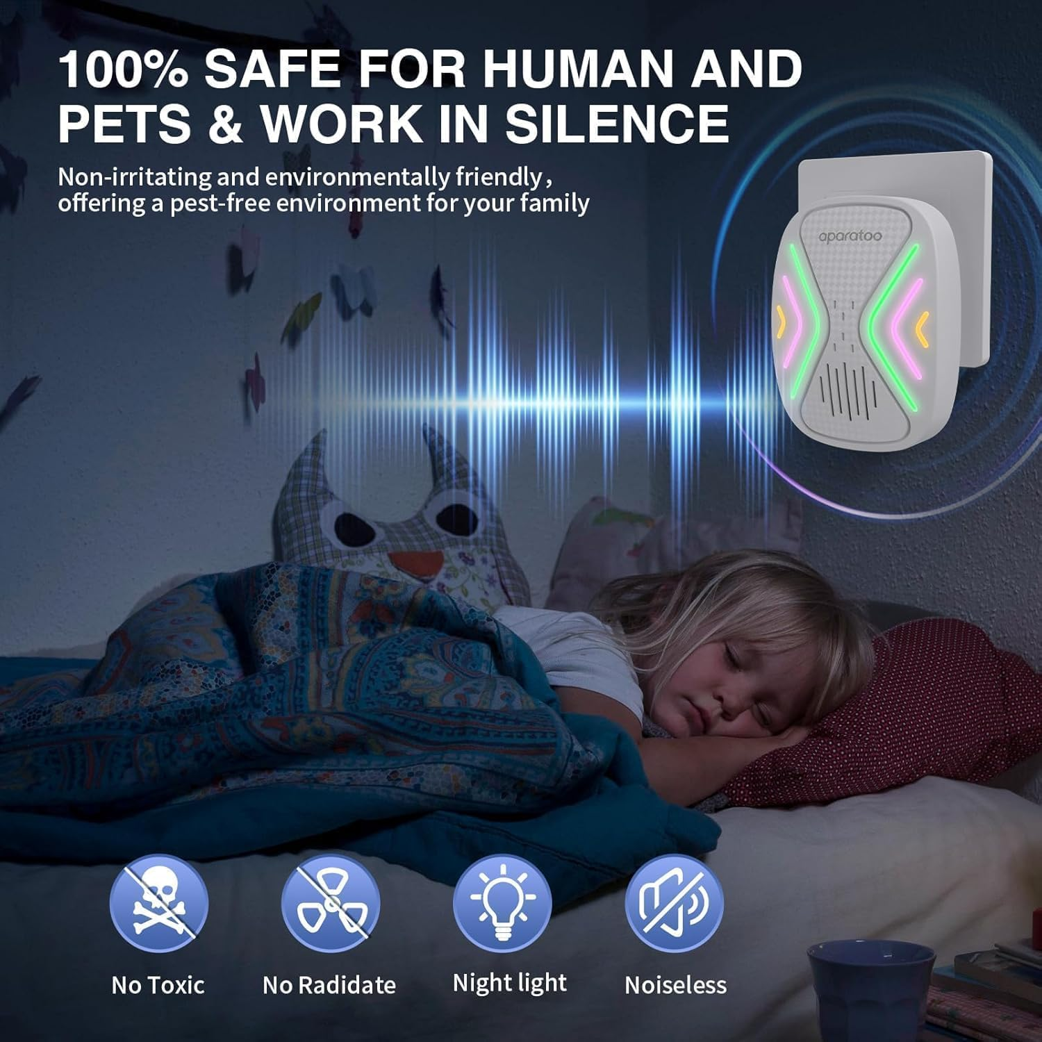 Ein Kind schläft im Bett, ein Schädlingsbekämpfer leuchtet.