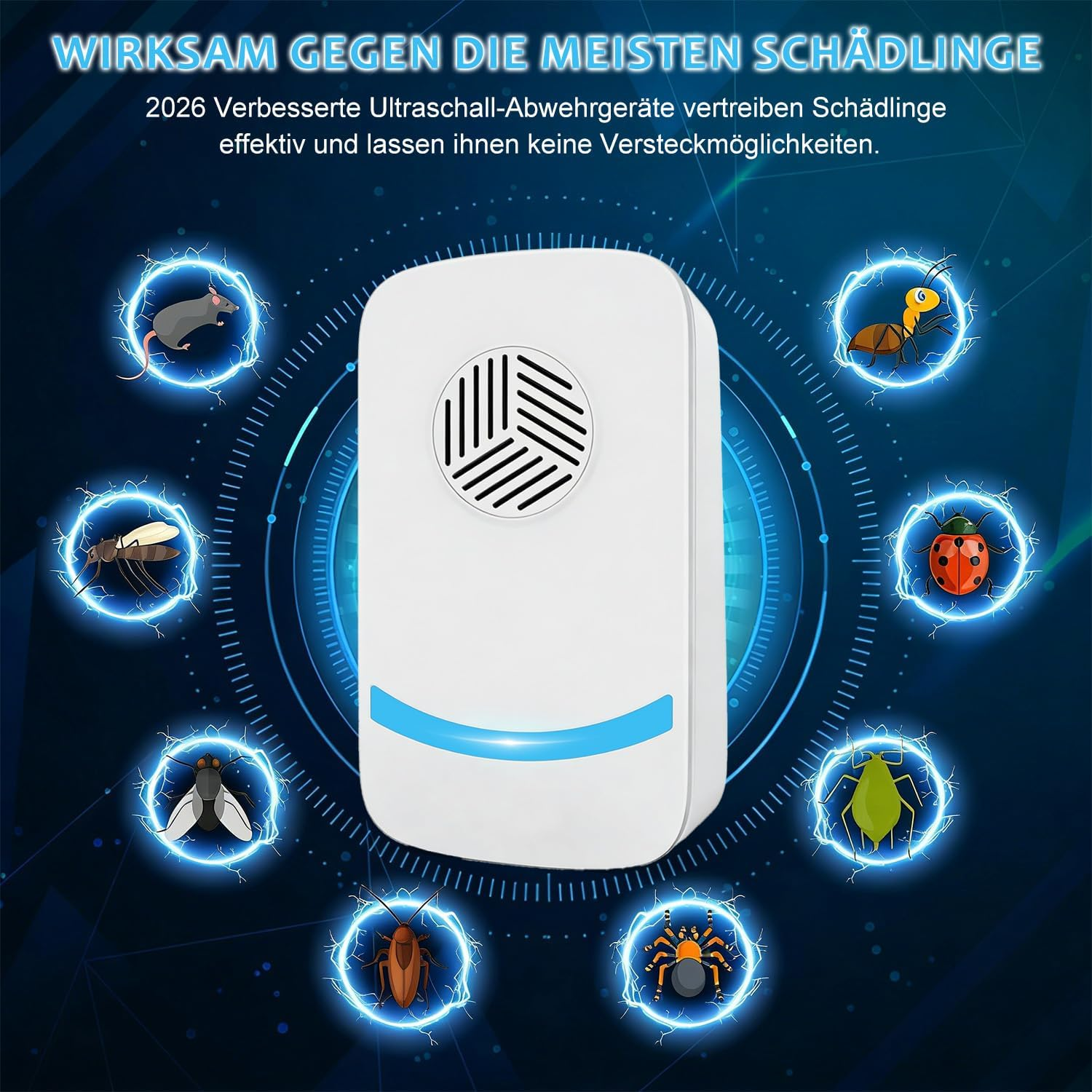 Ein weißes Ultraschall-Abwehrgerät mit blauer LED, umgeben von Schädlingen.