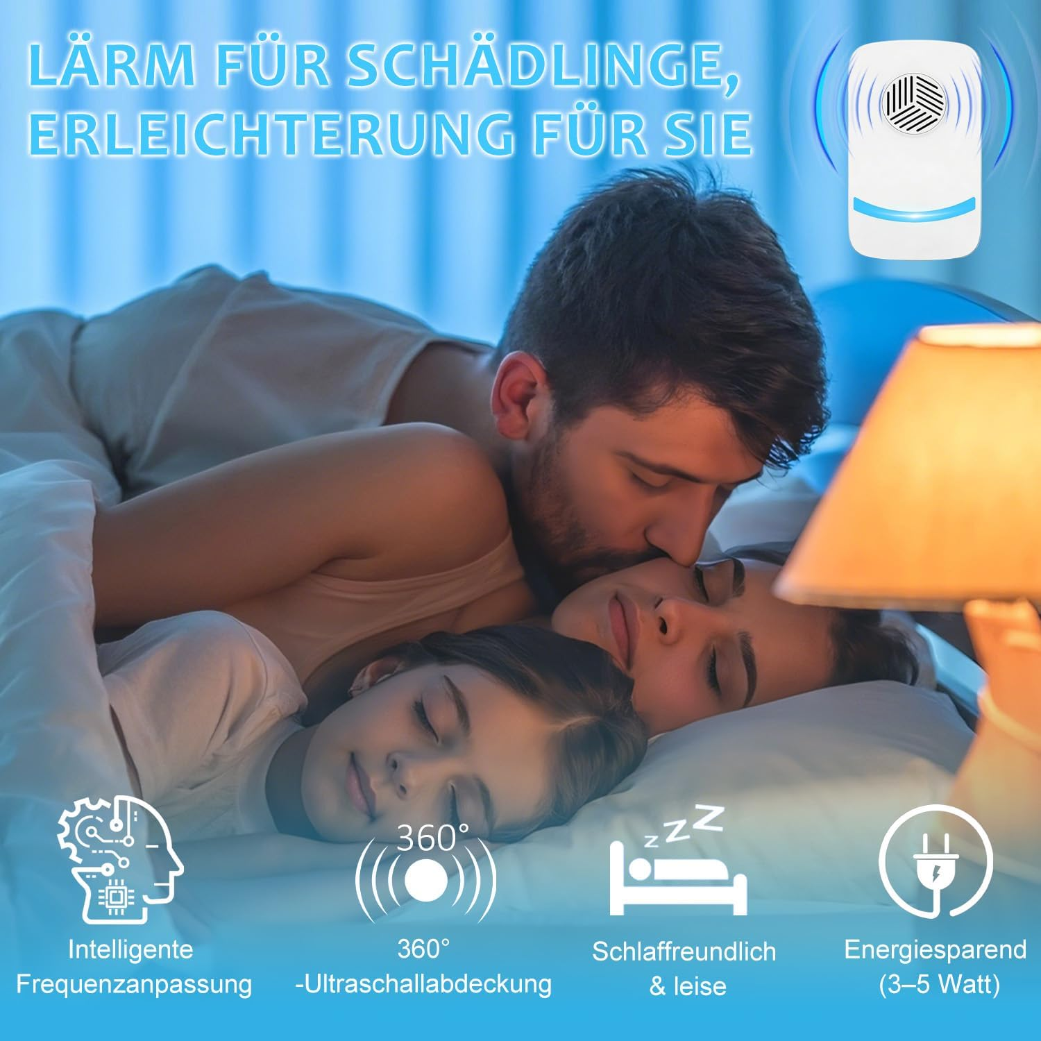 Familie schläft, ein Schädlingsbekämpfer ist im Einsatz. Merkmale: Frequenzanpassung, 360° Ultraschall, schlaffreundlich, energiesparend.
