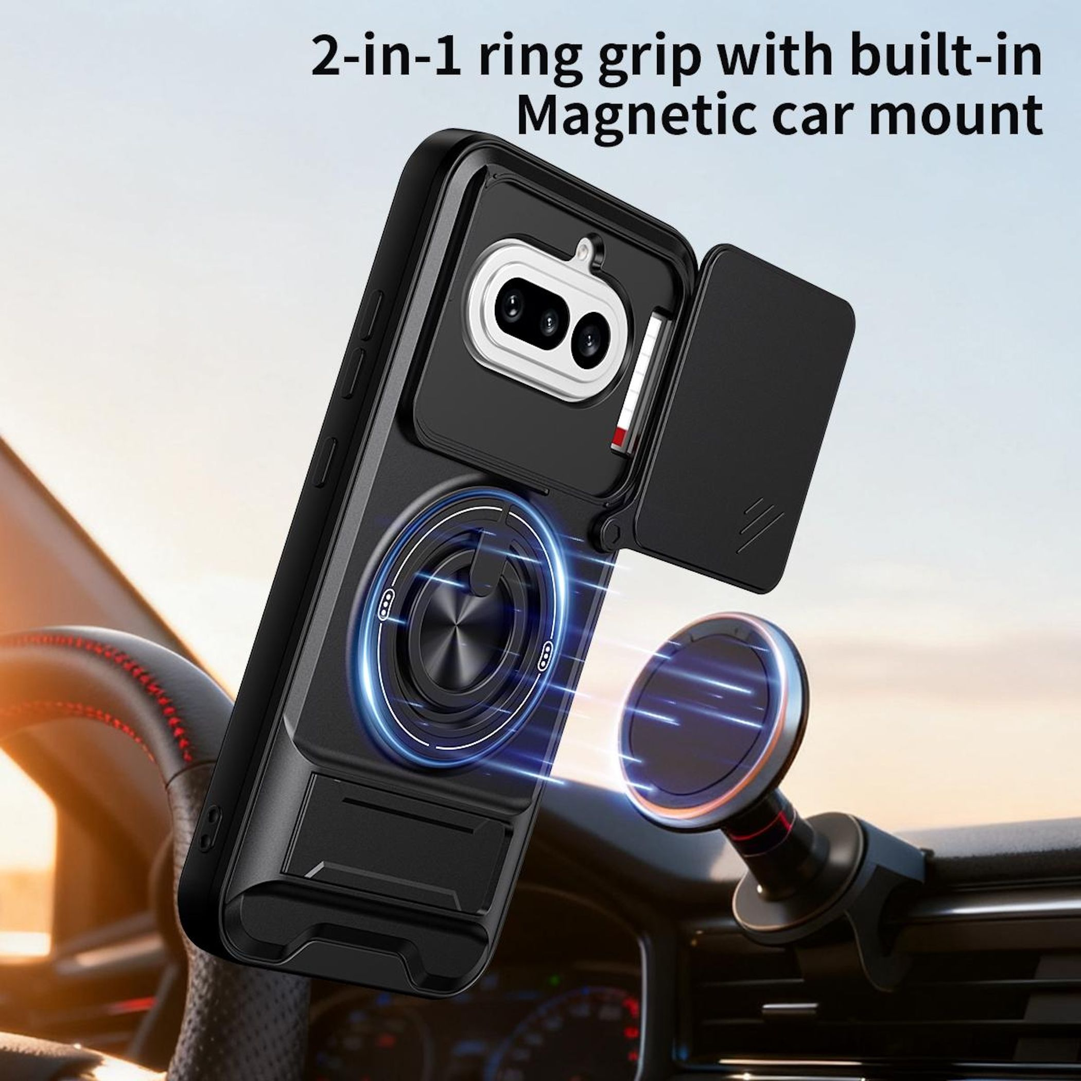 Schwarze Handyhülle mit Ringgriff und Magnet-Autohalterung im Auto.