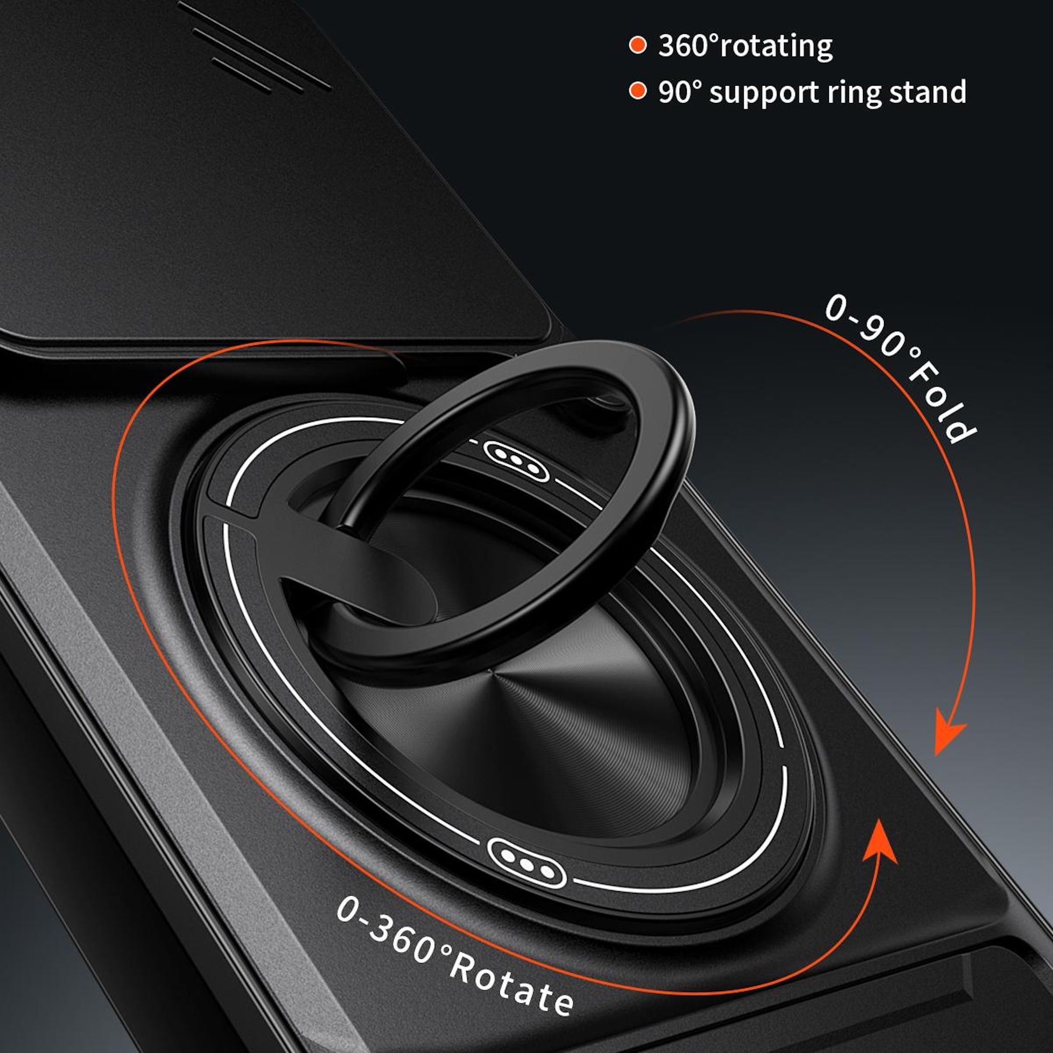 Schwarzes Handyhülle mit 360° drehbarem Ringständer. 90° faltbar.