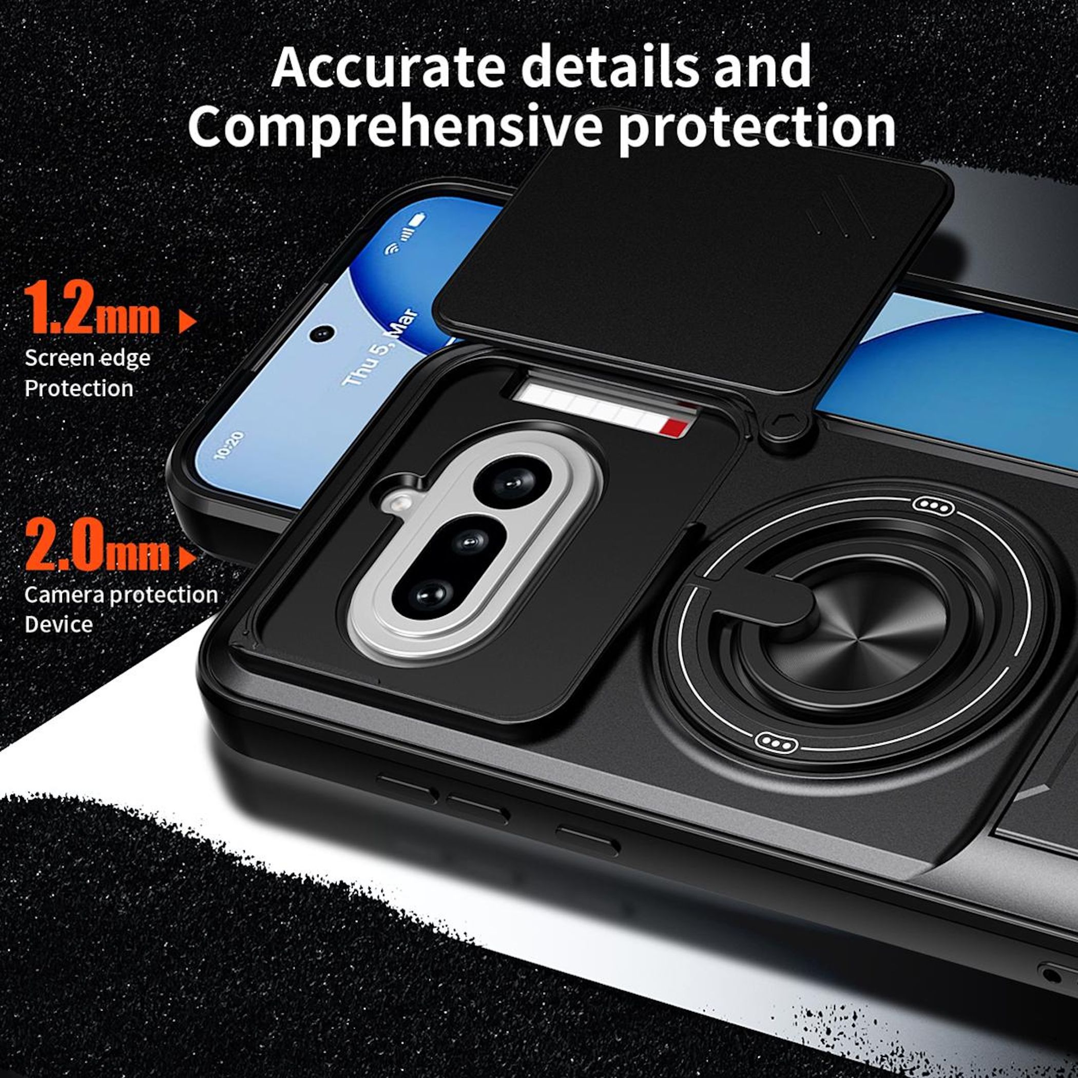 Schwarzes Handycover mit Ringhalterung, Kamera- und Displayschutz.