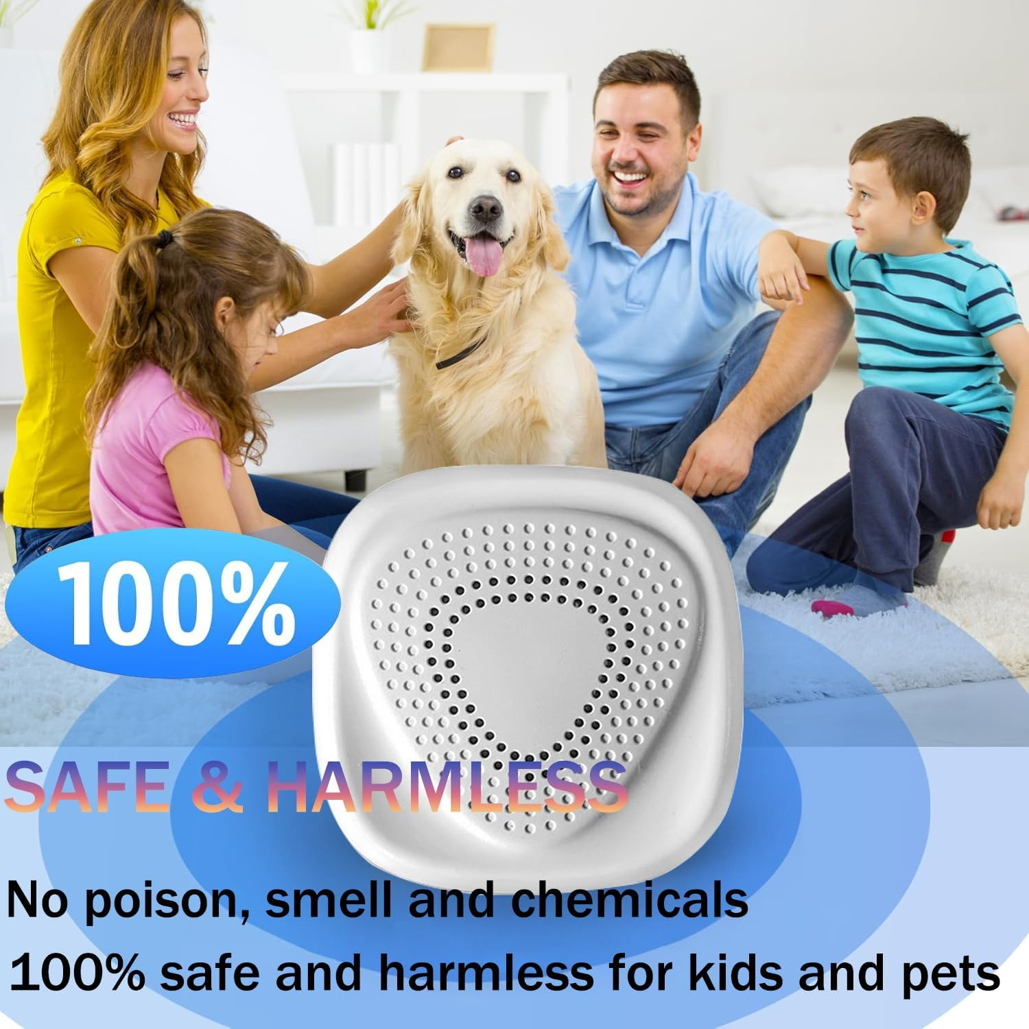 Familie mit Hund und einem Schädlingsbekämpfer, sicher und harmlos.