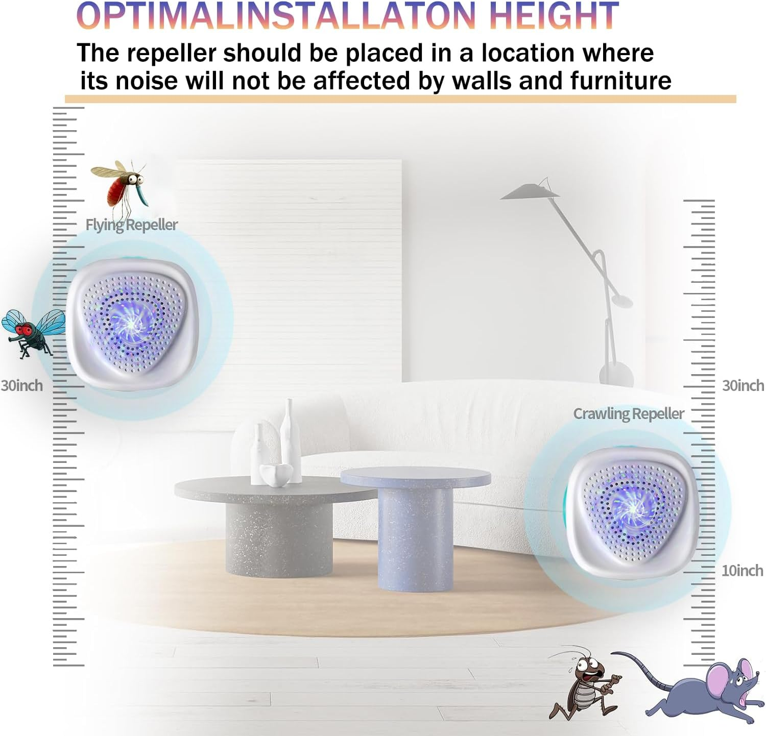 Ein Schädlingsbekämpfer für fliegende Insekten bei 30 Zoll und ein kriechender Schädlingsbekämpfer bei 10 Zoll.