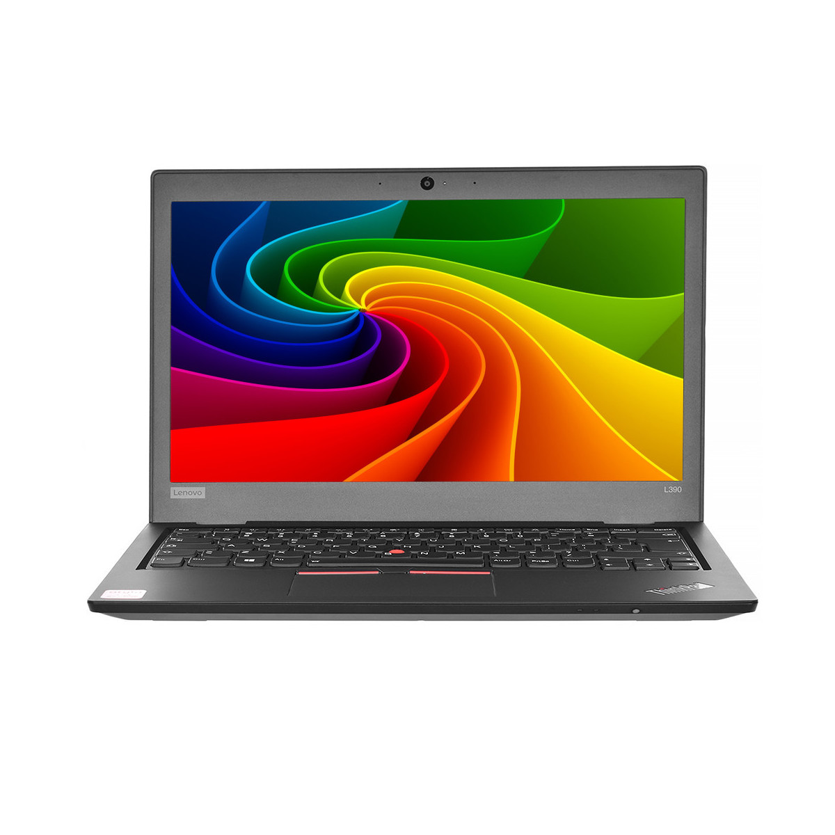 Ein geöffneter Lenovo Laptop mit einem bunten Wirbelmuster auf dem Bildschirm.