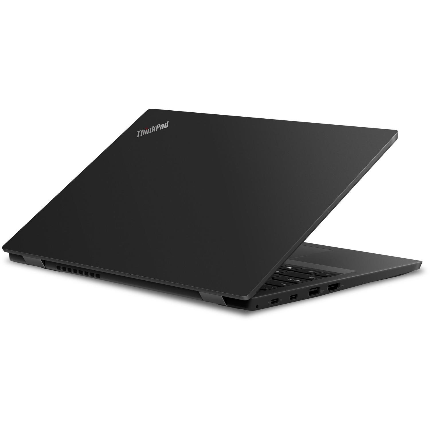 Schwarzer Laptop mit aufgeklapptem Deckel, ThinkPad-Logo.