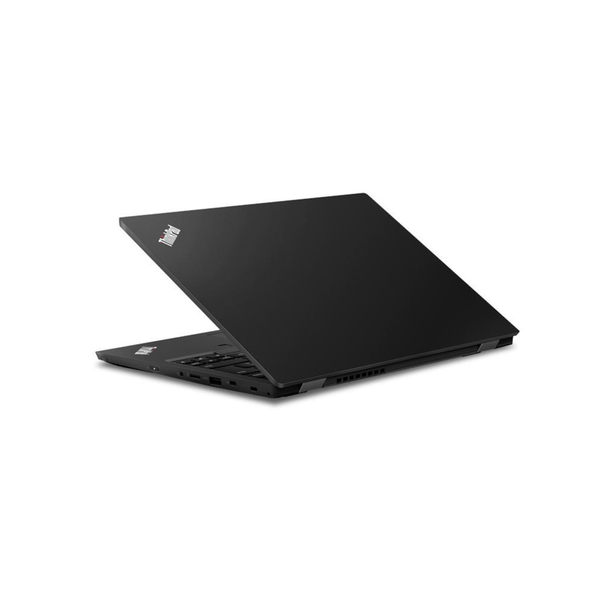 Ein schwarzer Laptop mit geöffnetem Bildschirm, aus der Seitenansicht.