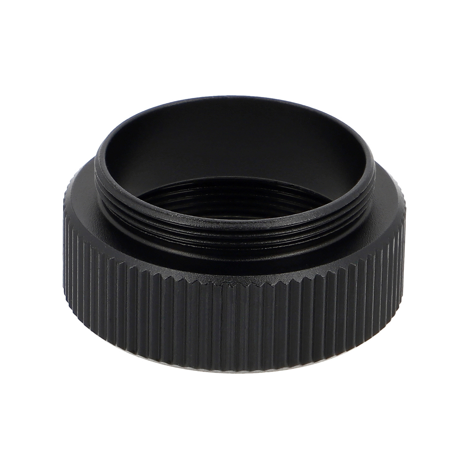 Ein schwarzer Adapterring mit gerändeltem Griff und Innengewinde.