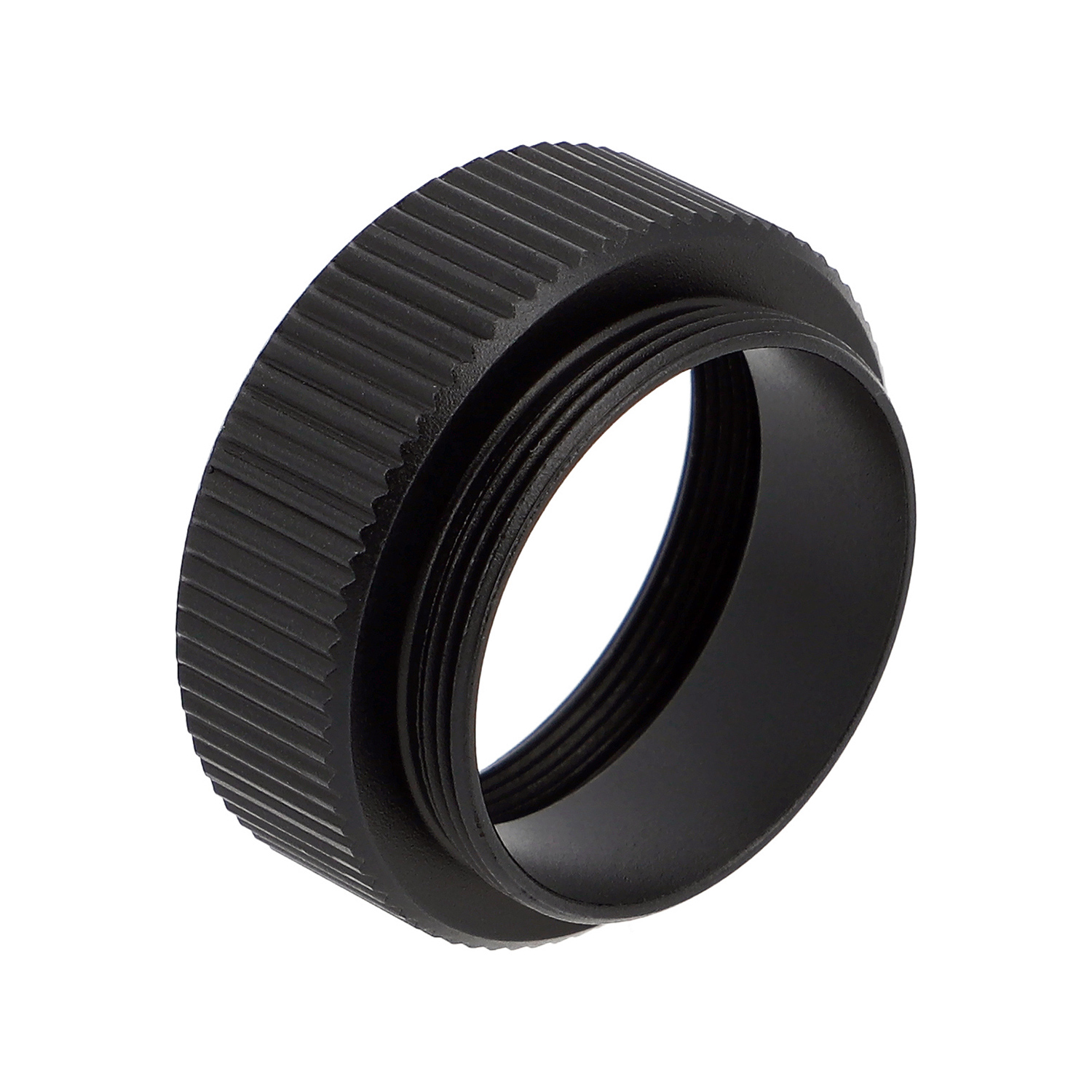Ein schwarzer Adapterring mit Rändelung und Innengewinde.