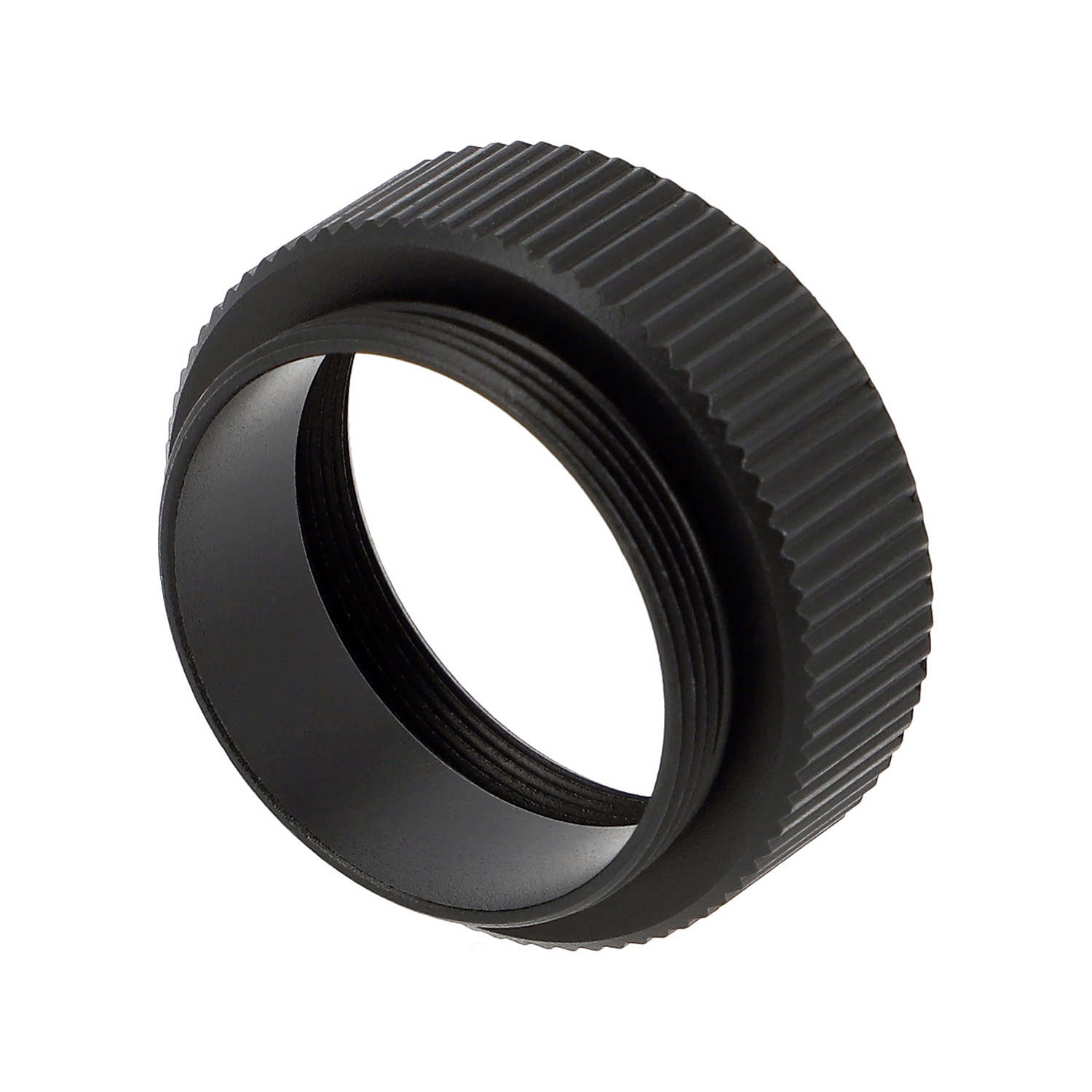 Ein schwarzer, gerändelter Adapterring mit Gewinde, der auf weißem Hintergrund isoliert ist.