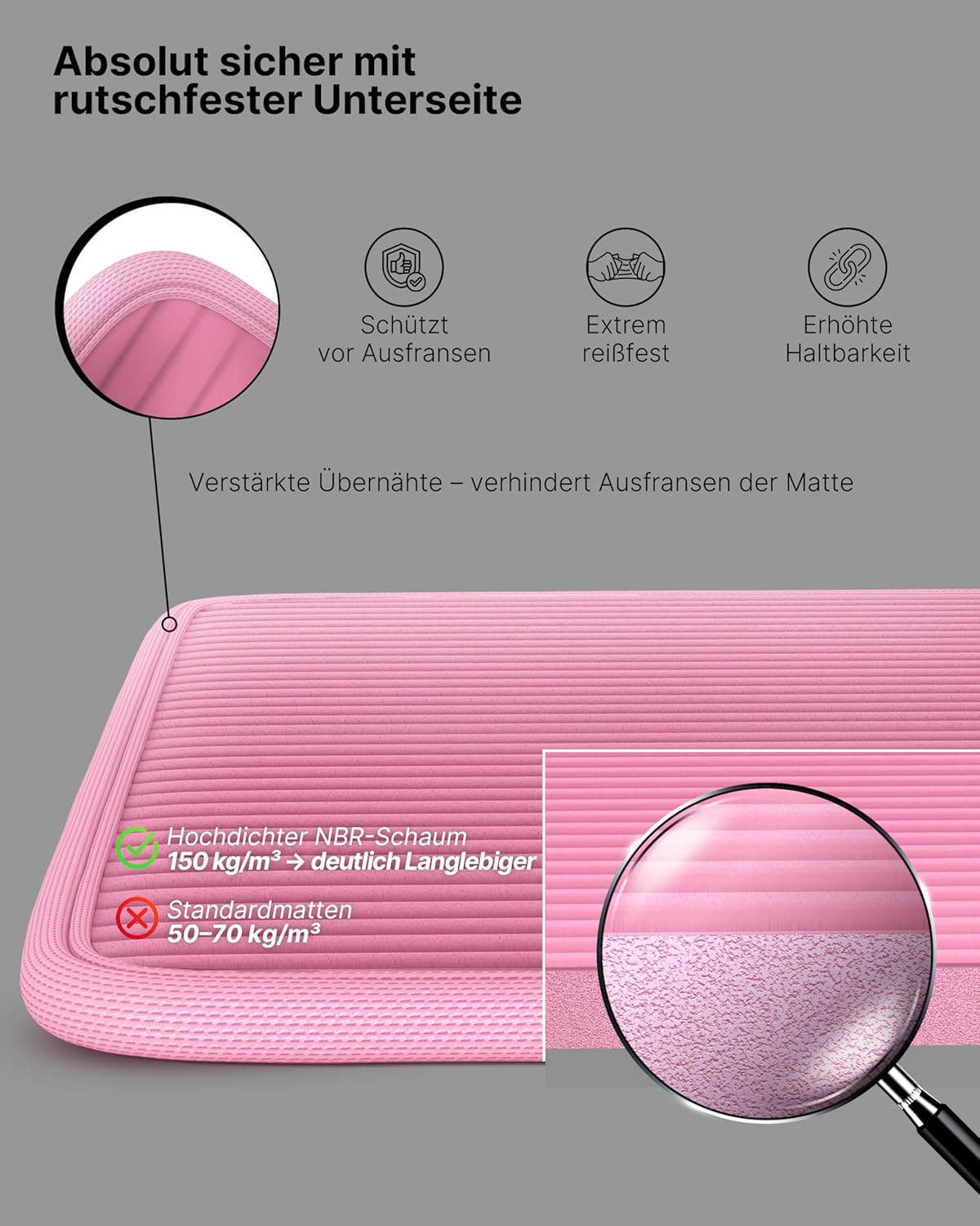 Pinke Matte mit Detailaufnahmen, die verstärkte Nähte und Schaumstoffdichte zeigen.