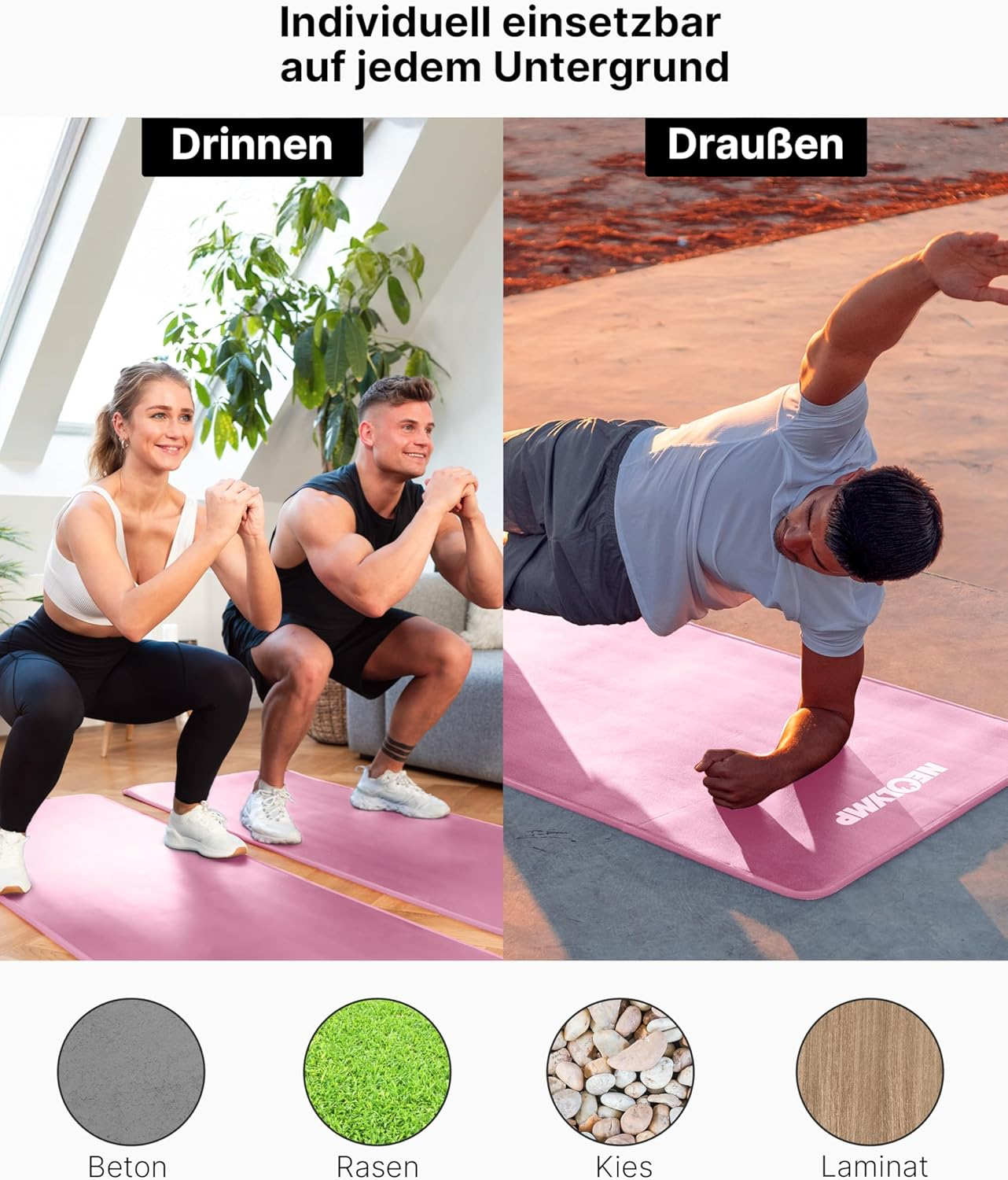 Paar macht zu Hause Squats, Mann macht draußen Side Plank auf Yogamatte.
