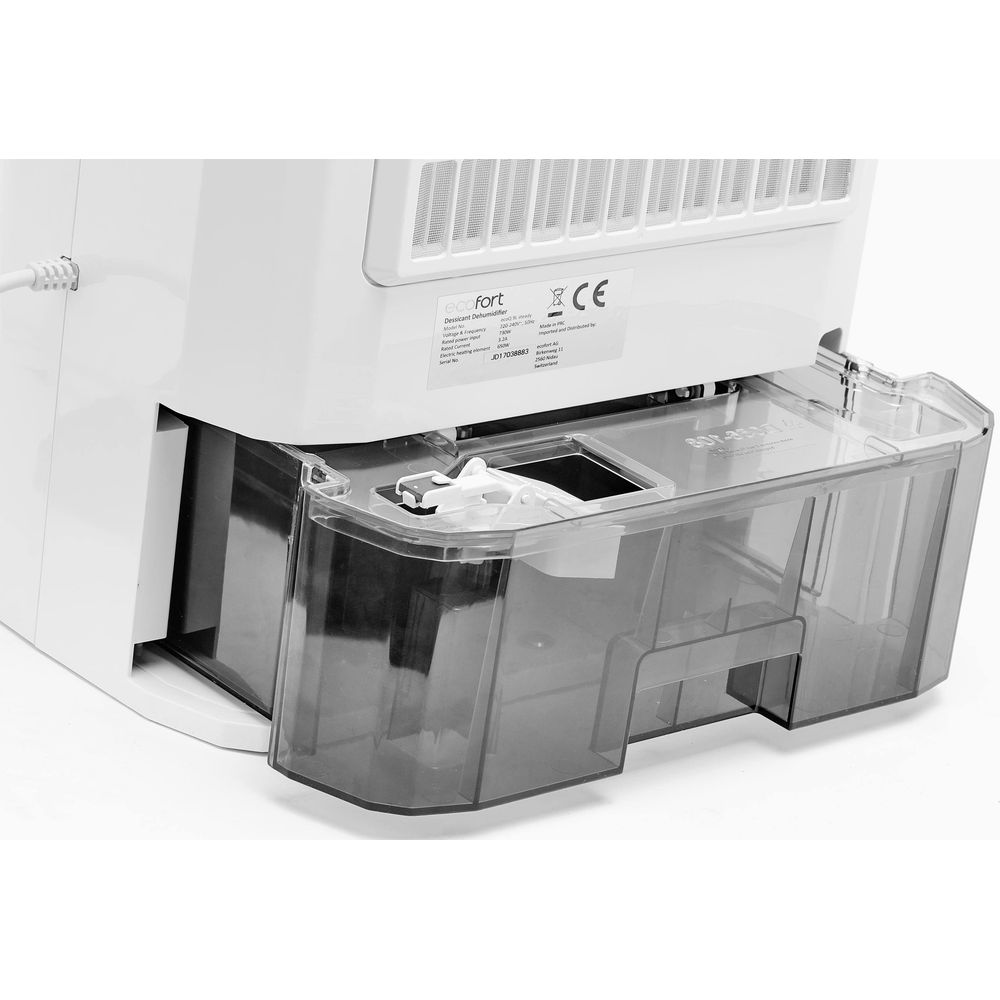 Un deumidificatore bianco con serbatoio dell'acqua estraibile e marchio CE.