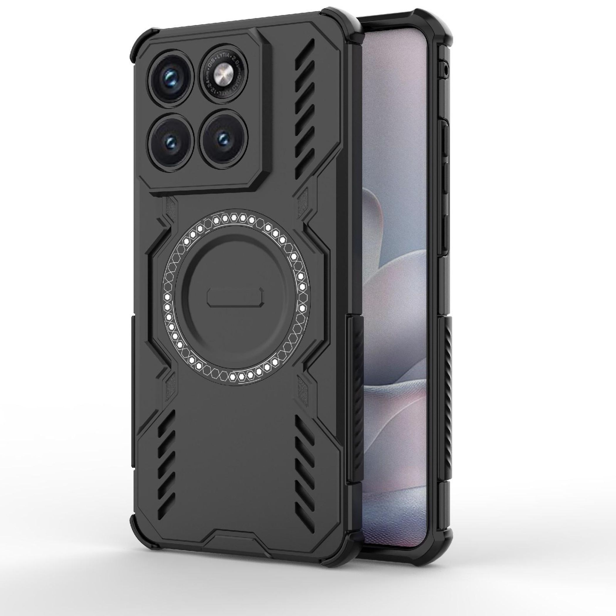 Schwarzes Handy mit Schutzhülle, vier Kameras und Magnetring.