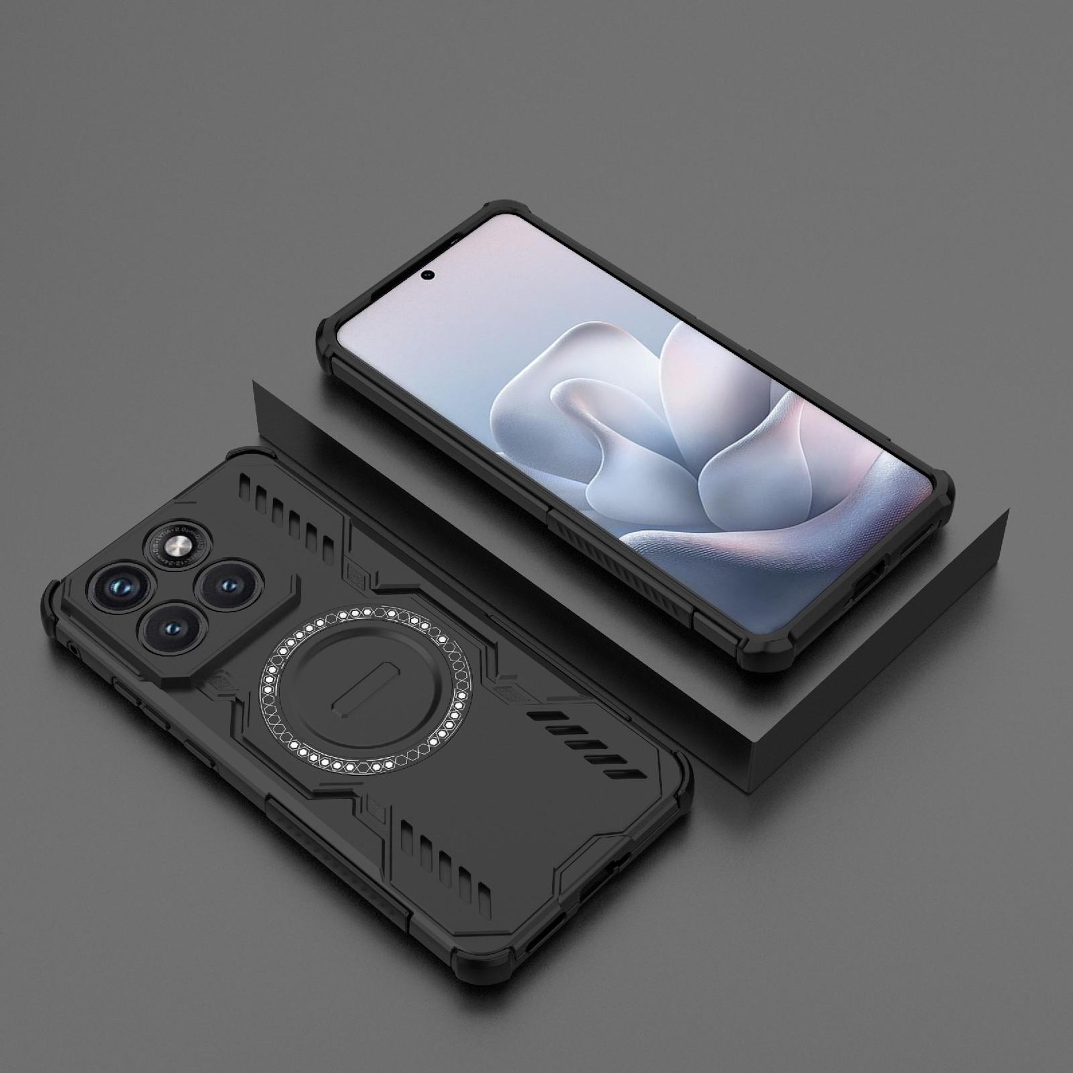 Ein schwarzes Smartphone mit einer Kameraanordnung und einem magnetischen Ring auf der Rückseite.