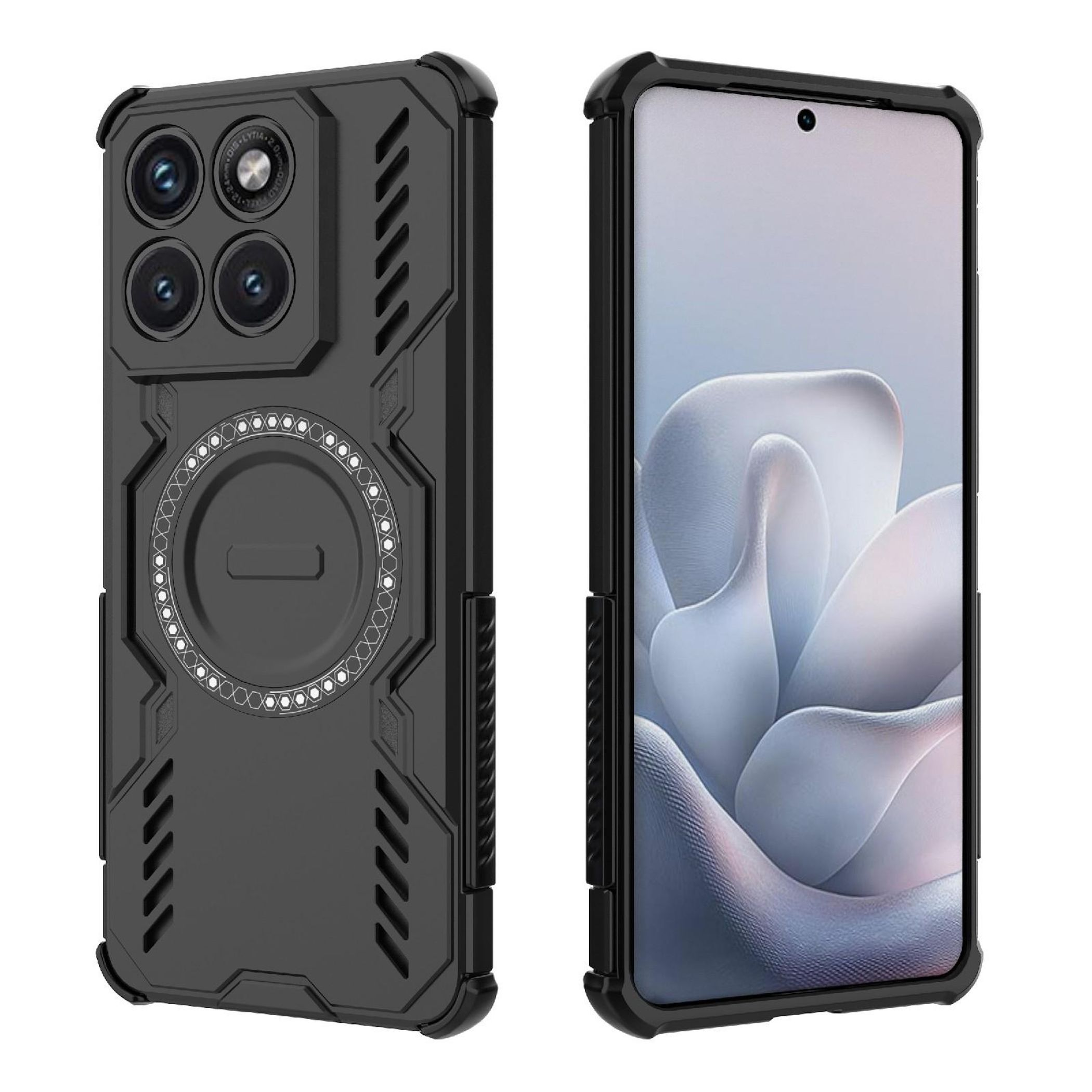 Schwarze Handyhülle mit vierfacher Kamera und Magnetring. Daneben ein Smartphone.