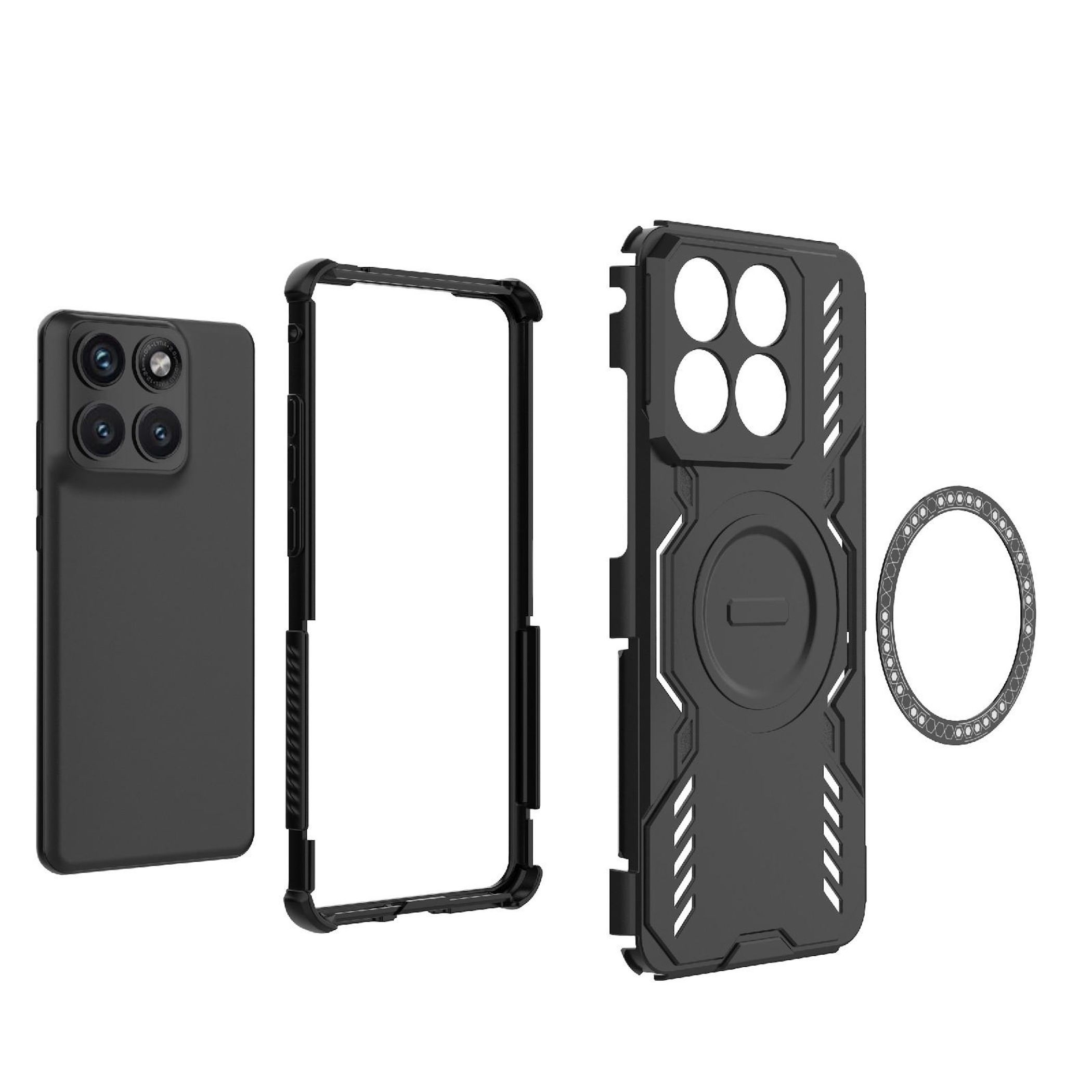 Schwarzes Handyhülle-Set mit Kamera-Schutz, Rahmen und Ring auf weißem Hintergrund.