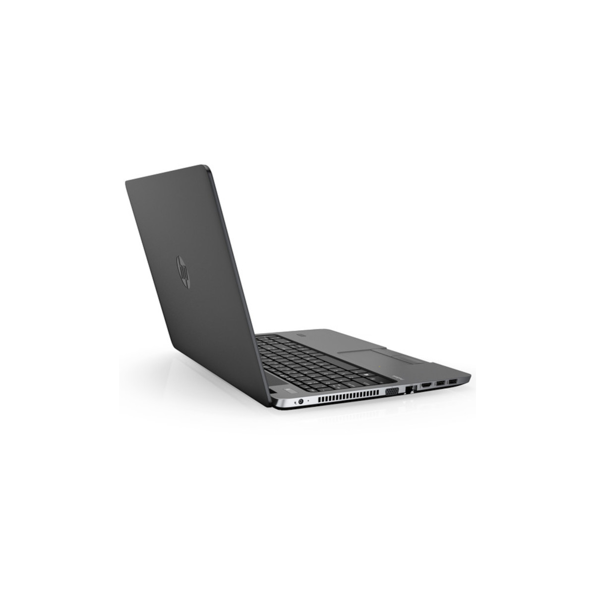 Ein dunkles HP Laptop, geöffnet und von der Seite im Profil gezeigt.