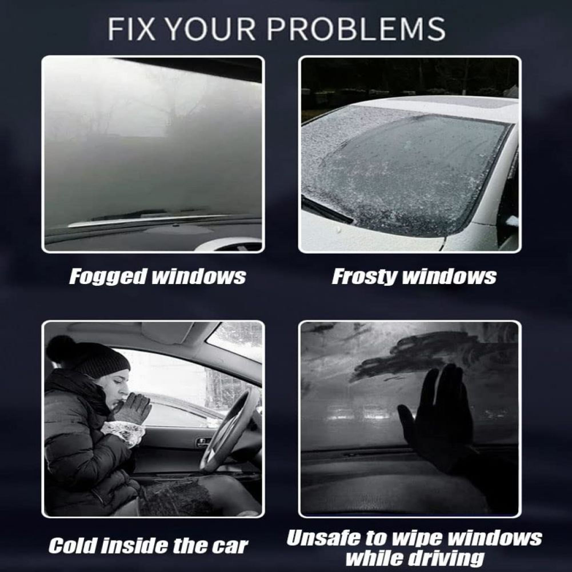 Vier Bilder zeigen Autofensterprobleme: beschlagen, vereist, kalt im Auto, unsicher zu wischen.