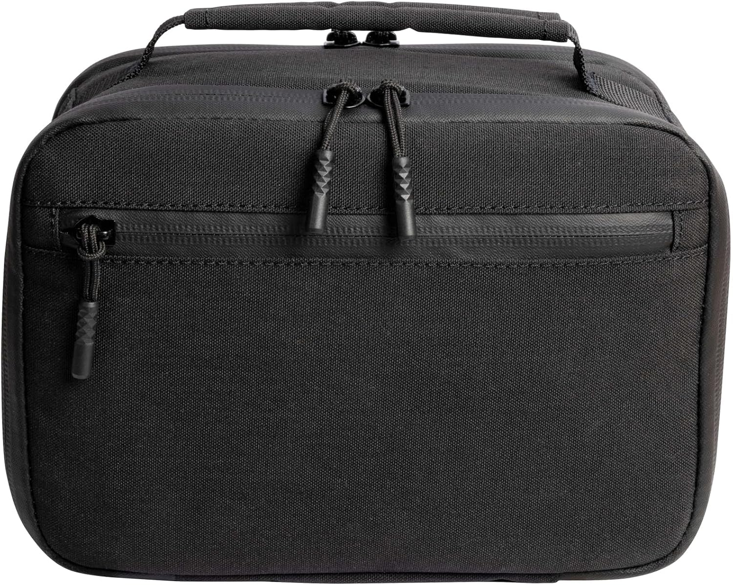 Schwarze Tasche mit Reißverschlüssen und Tragegriff.