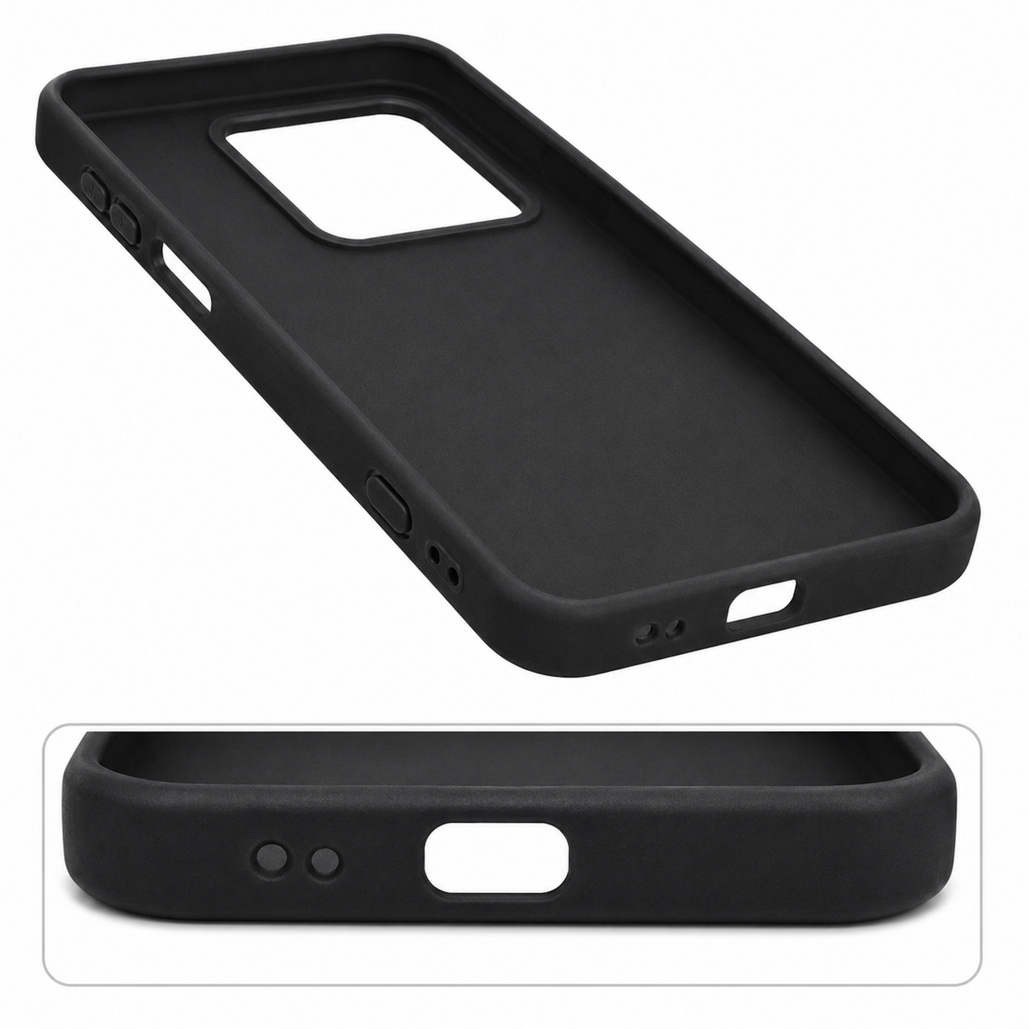 Funda de teléfono negra con recortes para cámara y botones.