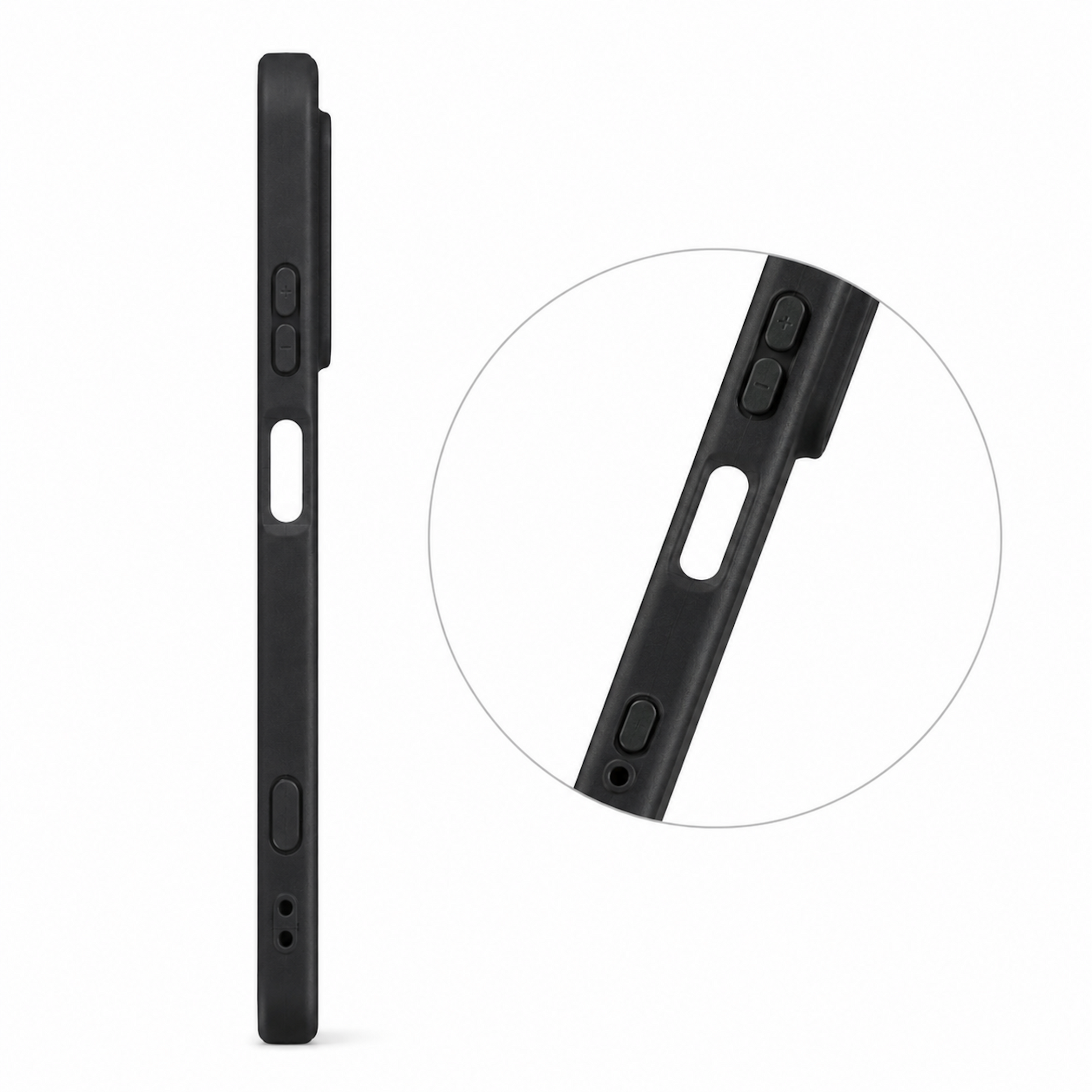 Funda de teléfono negra vista lateral con detalles de botones y puertos.