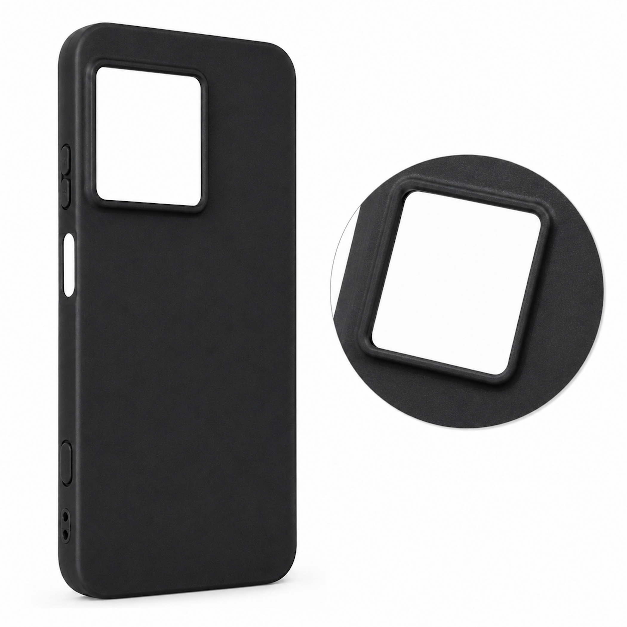 Funda negra para teléfono con recorte cuadrado para cámara. Detalle ampliado a la derecha.