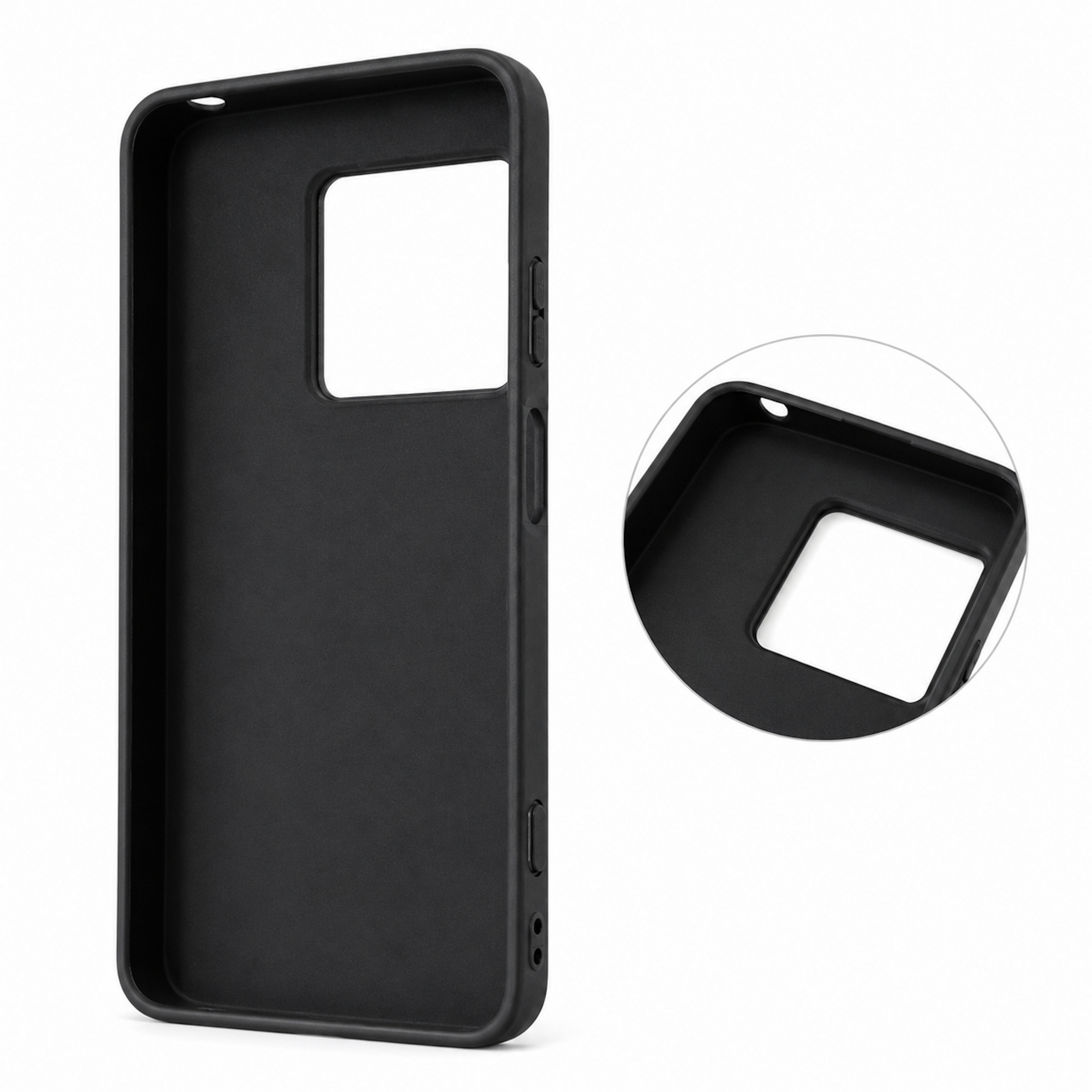Funda de teléfono negra con recortes para cámara y botones, vista cercana.
