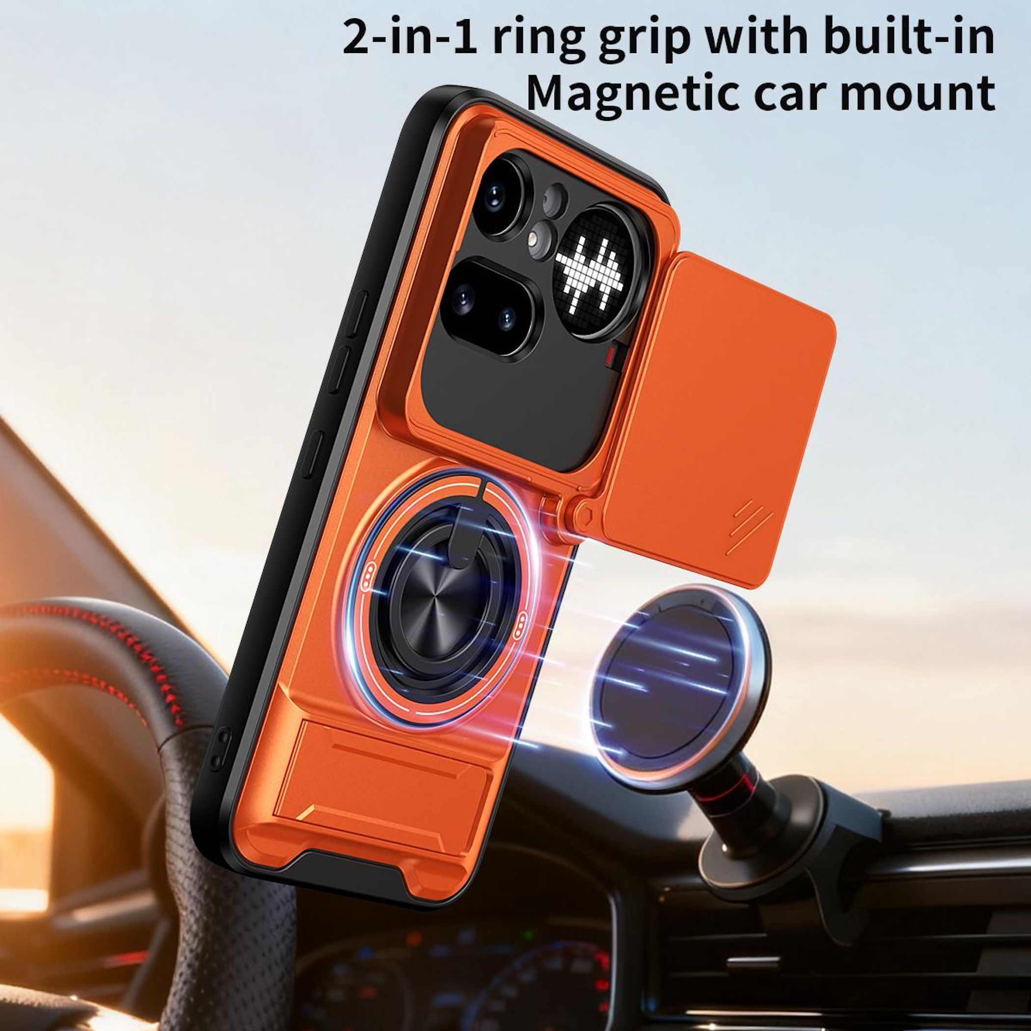 Orangefarbener Handyhülle mit Ringhalterung und Magnet-Autohalterung.