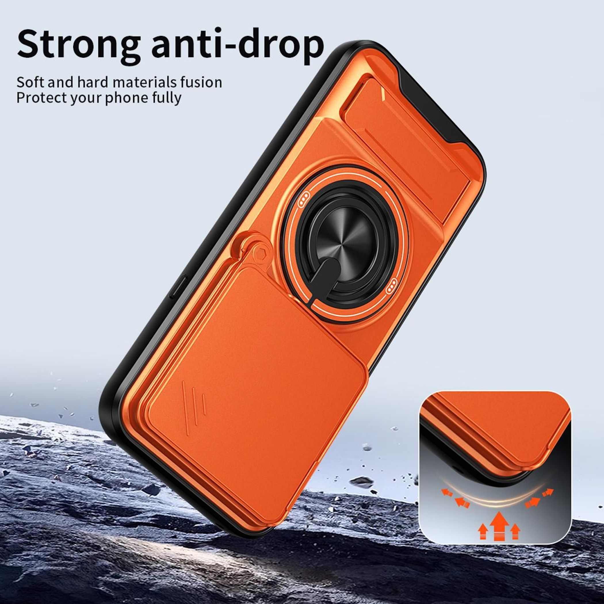 Orangefarbene Handyhülle mit schwarzem Rand und integriertem Ring auf zerklüftetem Hintergrund.