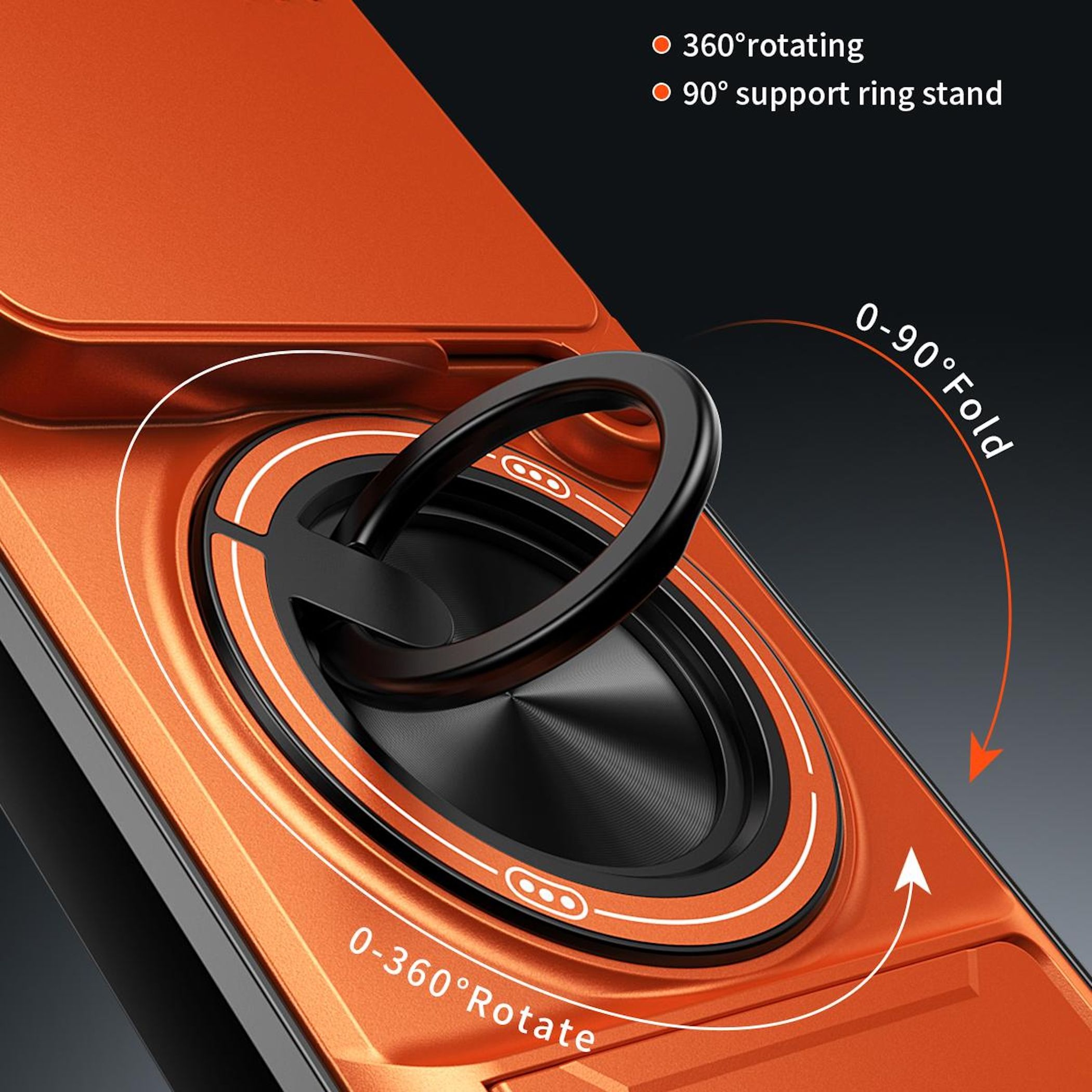 Orange Handyhalterung mit drehbarem Ring. 360° drehbar, 90° Ständer.