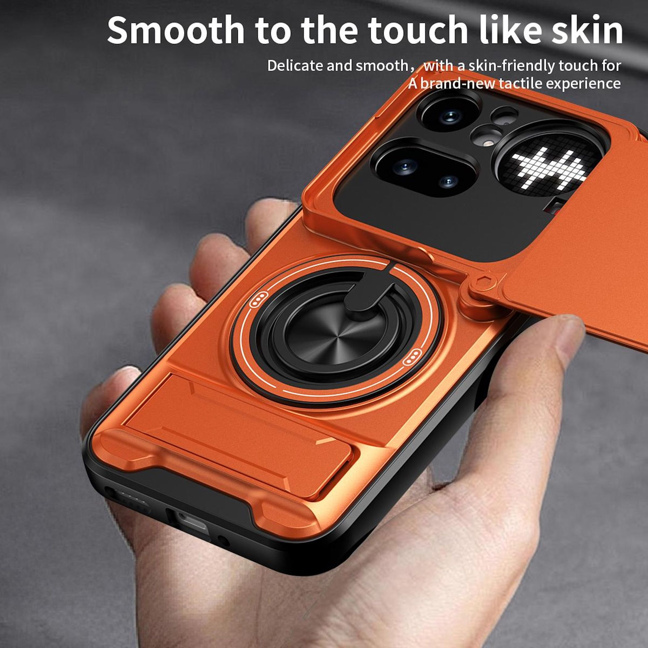 Orange Handyhülle mit integriertem Ringständer, in der Hand gehalten.