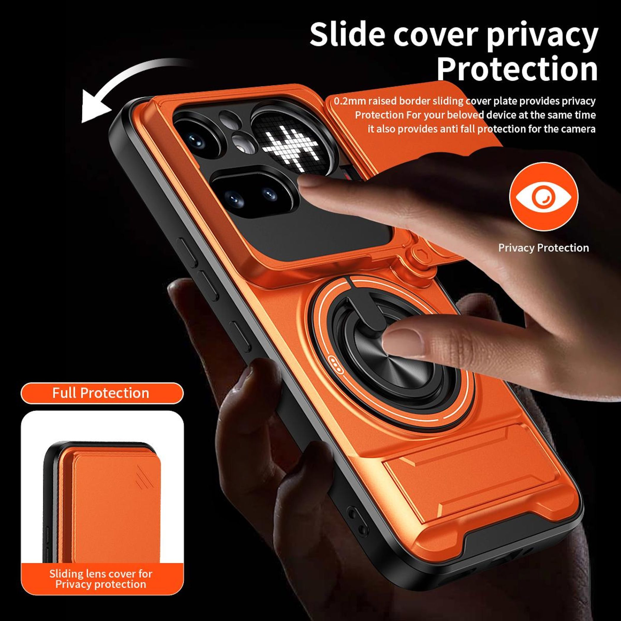 Orange Handyhülle mit Schiebefach für Kameras und Ringhalterung.