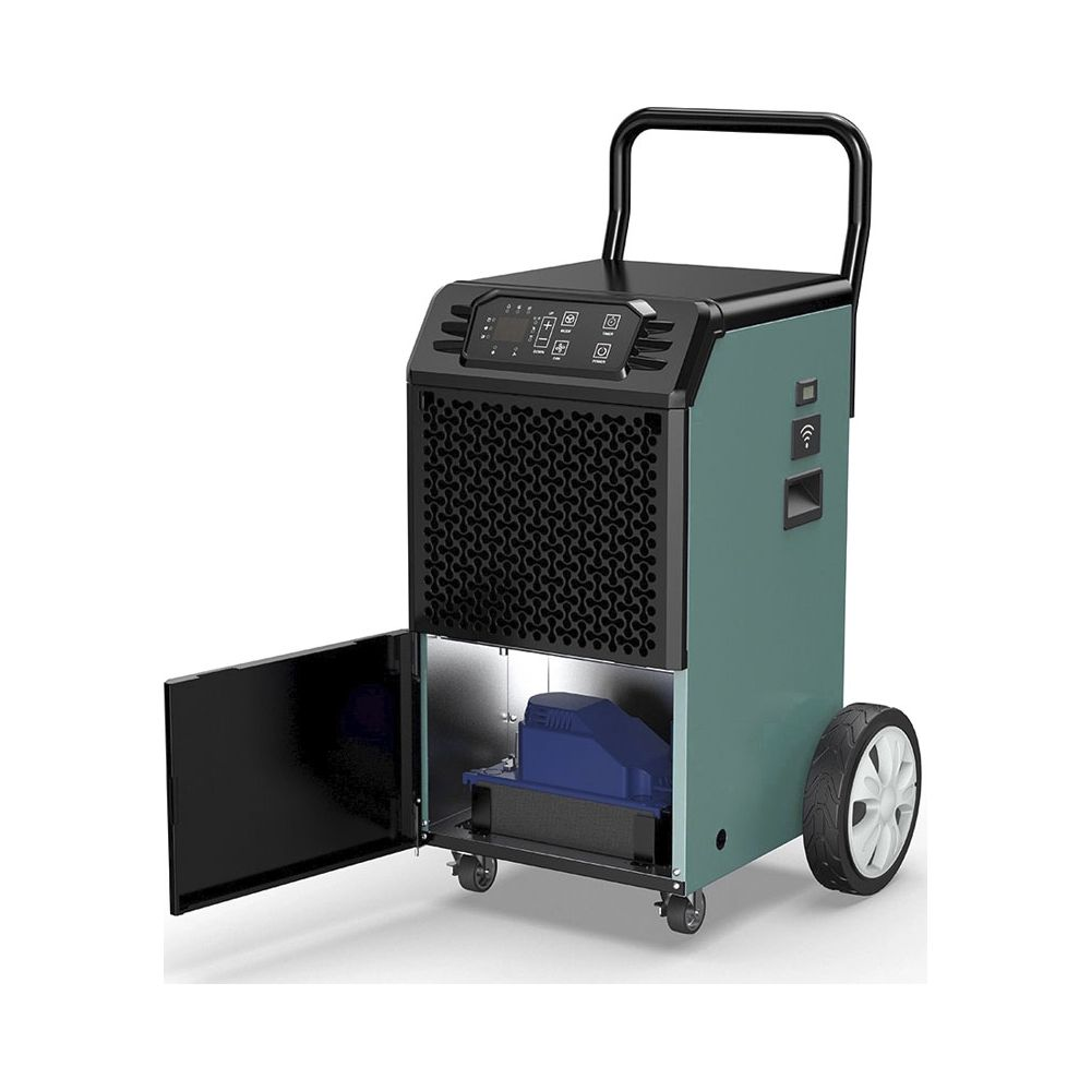 Deumidificatore verde su ruote, porta aperta e pannello di controllo.