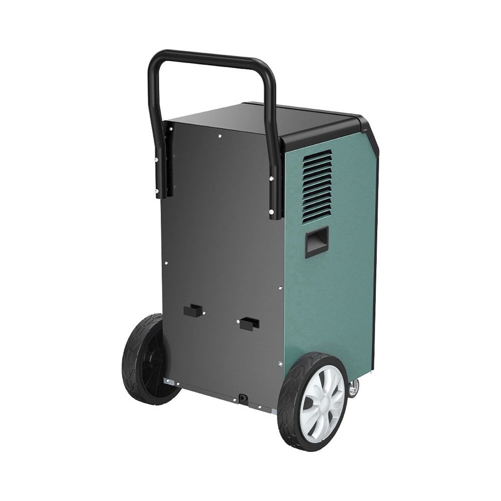 Un deumidificatore nero e verde con ruote e manico.