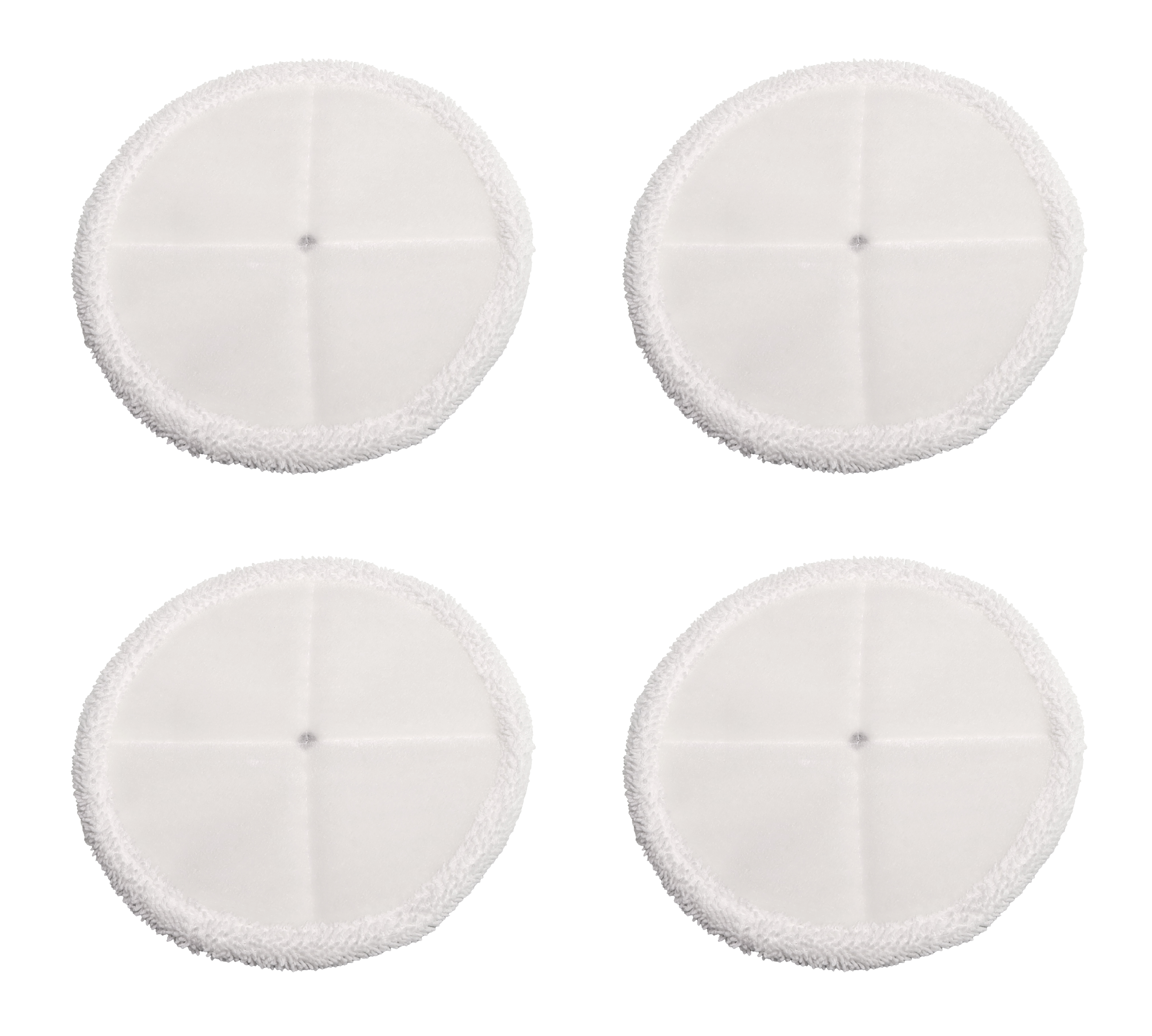 Vier weiße, runde Mikrofaser-Pads mit einem Rand aus Chenille-Stoff.