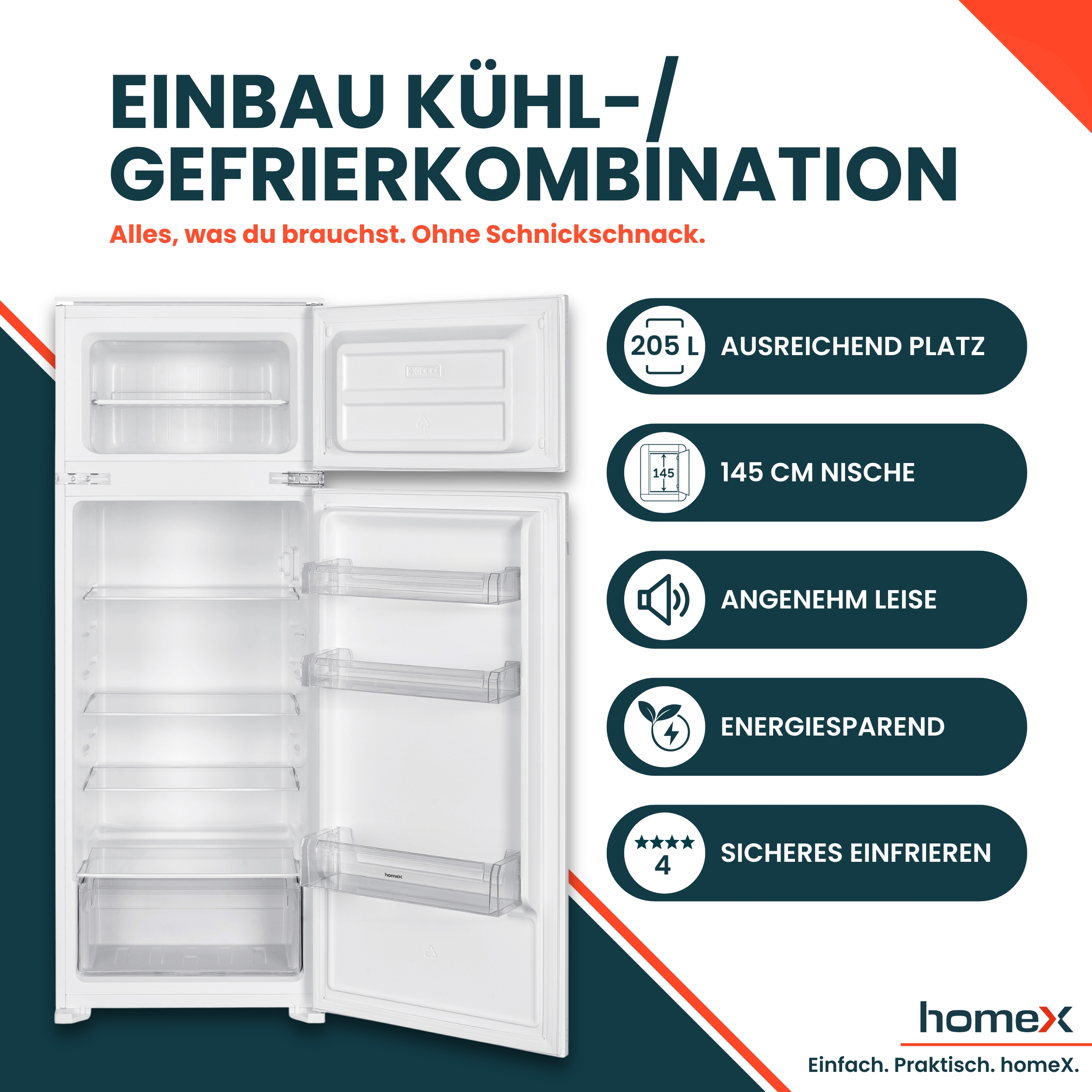 Einbau Kühl-/Gefrierkombination mit 205 L Platz, 145 cm Nische, leise, energiesparend.